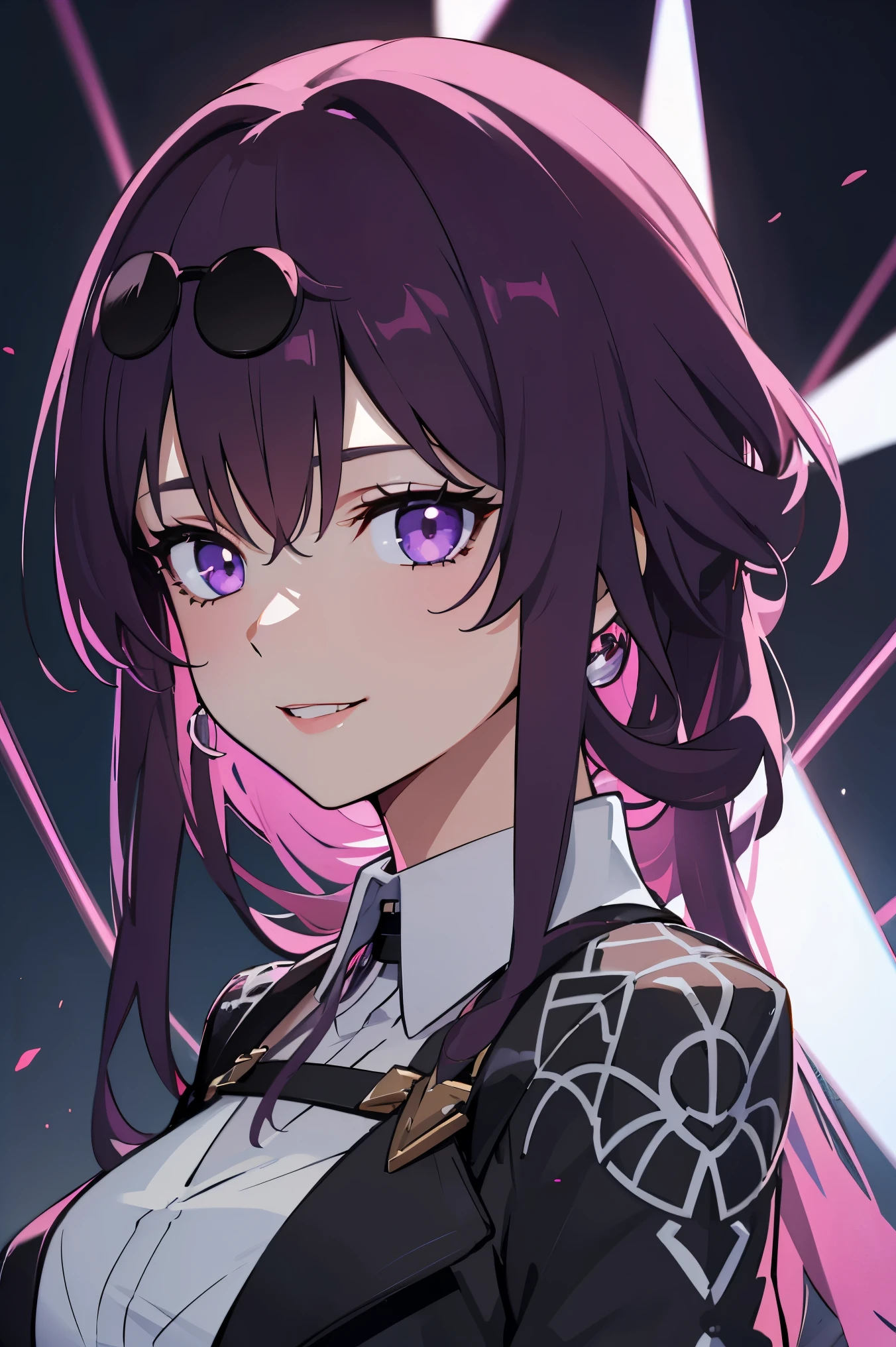 (masterpiece, best quality, ultra-detailed, best shadow), (detailed background), (beautiful detailed face), high contrast, (best illumination, an extremely delicate and beautiful), ((cinematic light)), colorful, hyper detail, dramatic light, intricate details, (1girl, solo, kafka, honkai star rail, mommy smile, sexy, purple hair, sharp face,purple eyes,dynamic angle), depth of field,black light particles