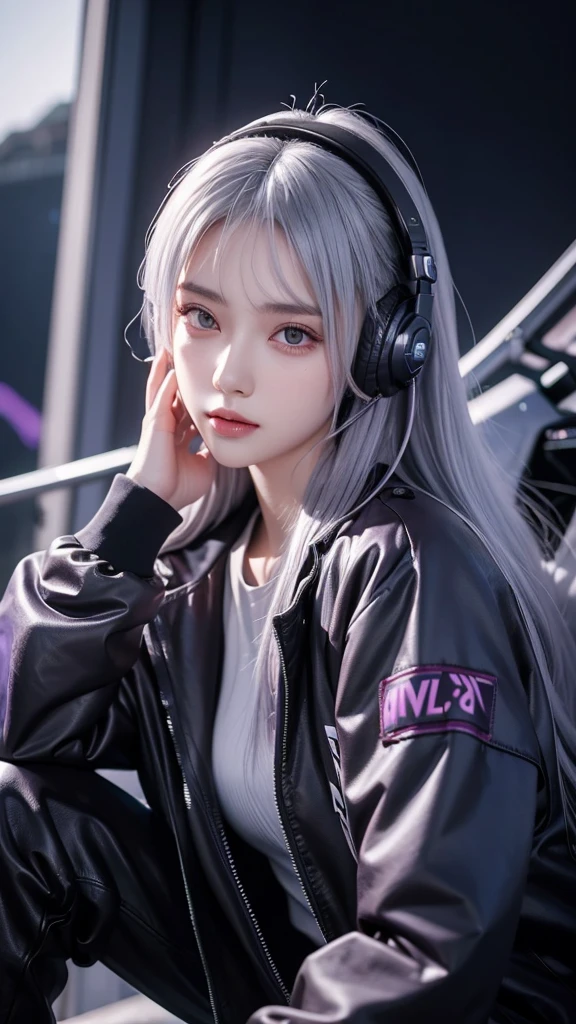  1 girl, Gray Hair, Long Hair,  Tech Wear Masterpiece,  best quality , Realistic,  realism, dark purple jacket,  portrait,  detail eyes sitting on a coral reef,  wearing a headset , Platinum Hair, 21 year old girl,  fashion pose, half body,  wide shot,  from ,  Cyberpunk 