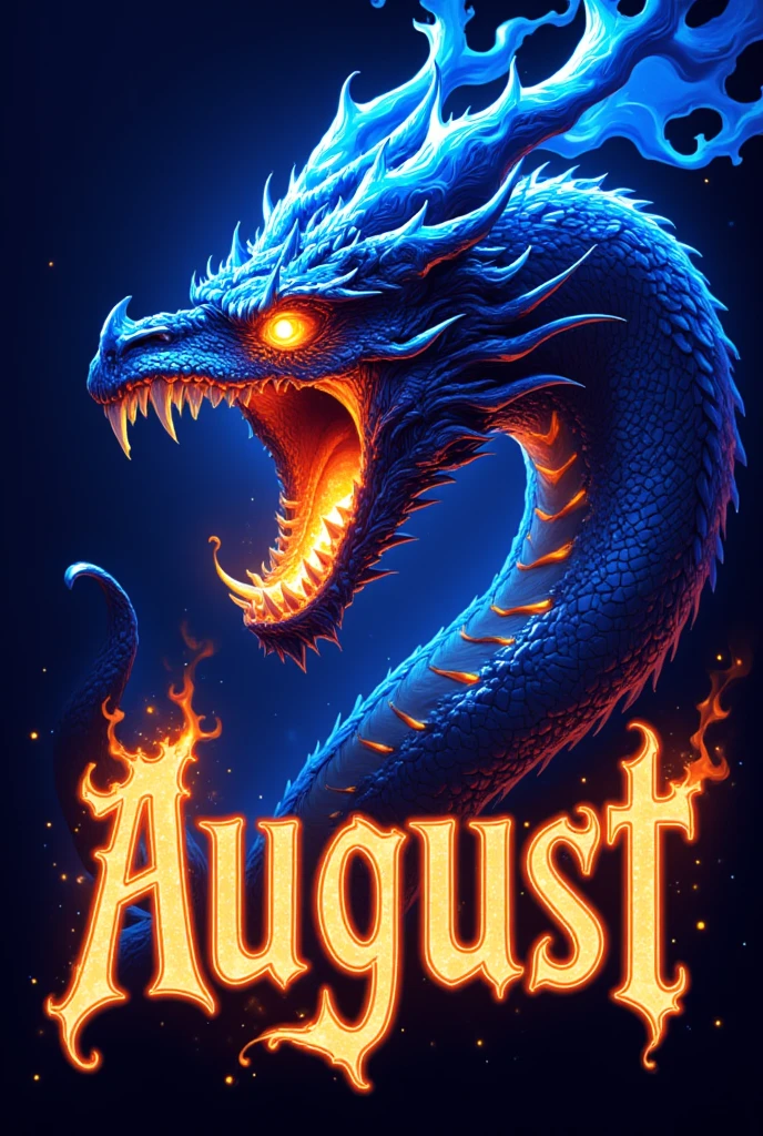 A captivating and vibrant 3D render illustration of the word "August" transformed into a mesmerizing blend of typography and mythical elements. The intricate lettering features a dragon's head roaring open-mouthed, with sharp teeth and eyes aglow. Flames trail down the sides of the lettering, exuding power and intensity. The enchanting deep blue background accentuates the ancient mystique, immersing the viewer in a dark fantasy atmosphere. This high-resolution 8K photo showcases the vibrant colors and detailed textures, making it a breathtaking piece of digital art., illustration, dark fantasy, 3d render, vibrant, typography