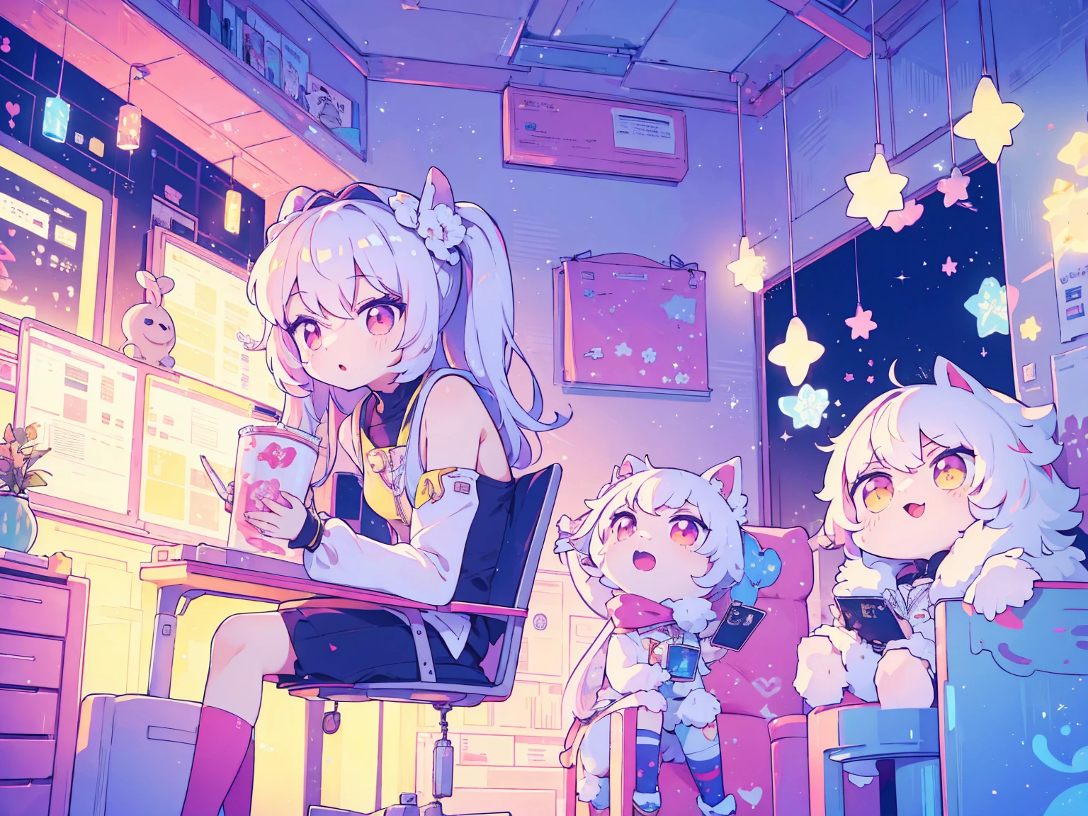 Best quality, masterpiece, super high resolution, (realism:1.4), a li, blonde hair, snow-white skin, premium lighting, fox ears, clear pink eyes, computer, playing games, bedroom with white dress, white silk, headphones and draped ponytail.