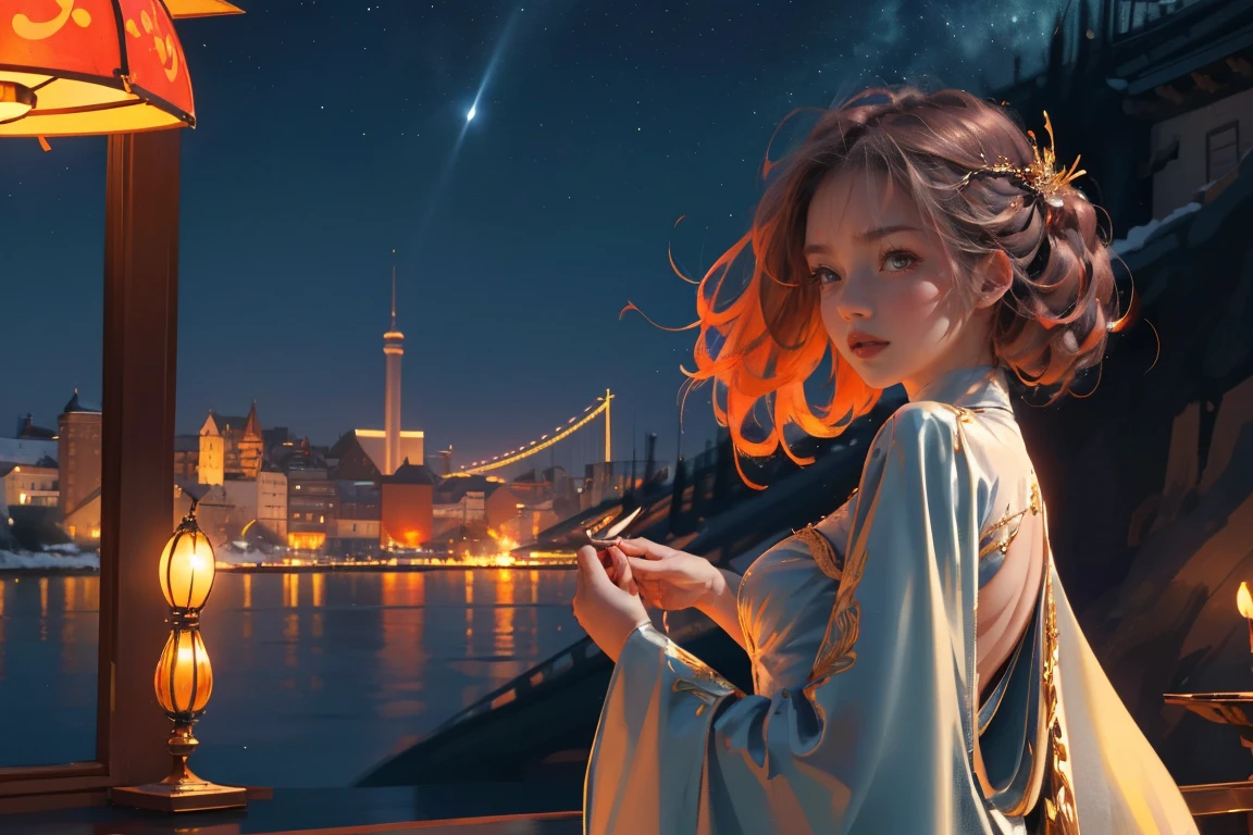 (((zoom out))),8K,((Highest quality)),((high-res)),((shot from behind)),night,She stands front of an historical world, ,soft focus,thank you!