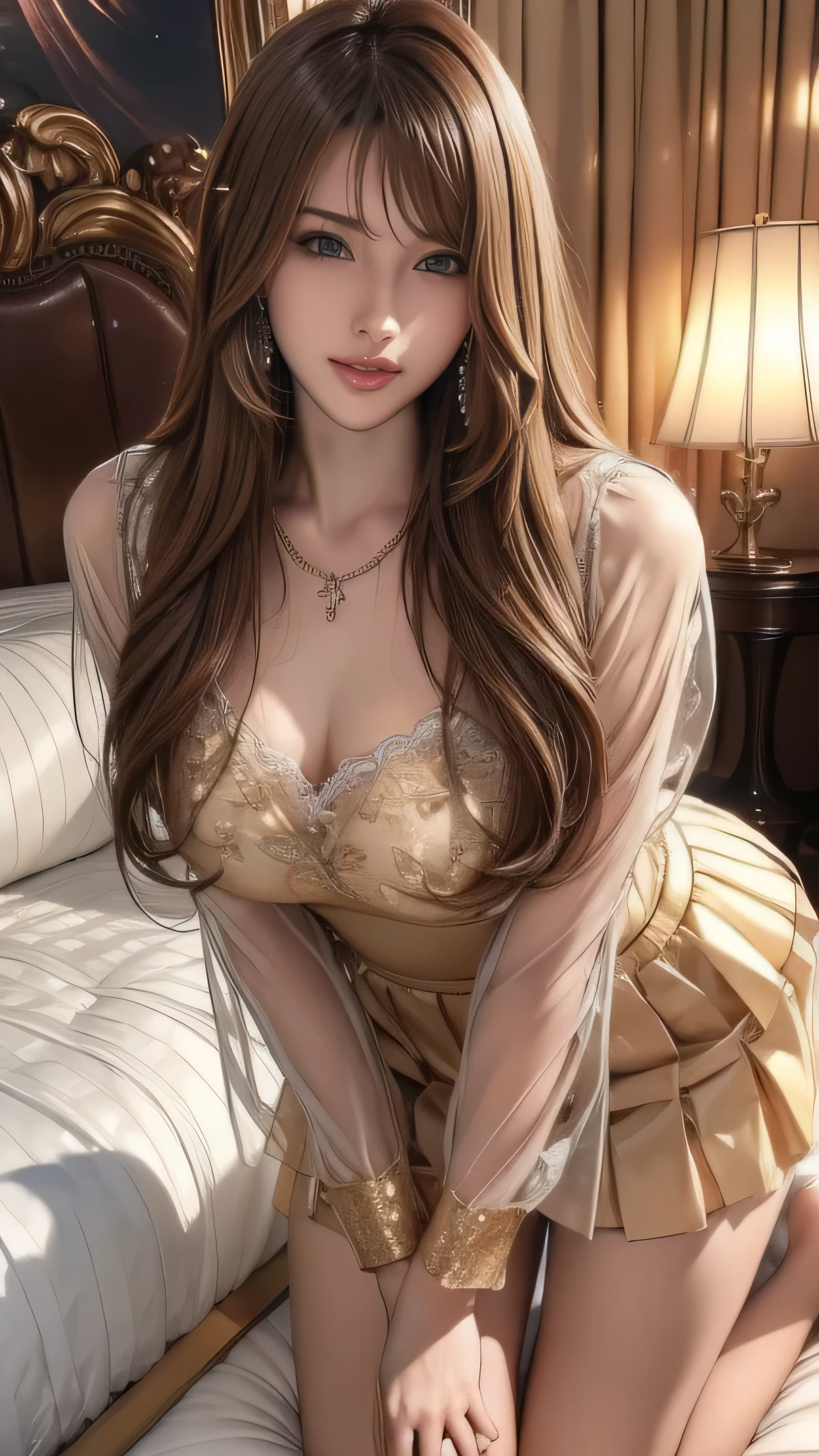 masterpiece, highest quality, realistic, Super detailed, small details, High resolution, 8k wallpaper, 1 beautiful woman, wear casual business wear, in a great restaurant, At night, light brown messy hair, perfect dynamic composition, beautiful and detailed eyes,((Hair with loose waves inside:1.2)),((gold necklace＿Large earrings:1.2)),((Super long brown hair:1.2))、fullbody shot、((full figure supermodel standing, entire body in frame))、((look down at the viewer,from below:1.5))((lace breasts, large loose open chest, get glimpses of breast,Buttons up to the middle of the shirt:1.3)),fullbody shot、((full figure supermodel standing, entire body in frame))