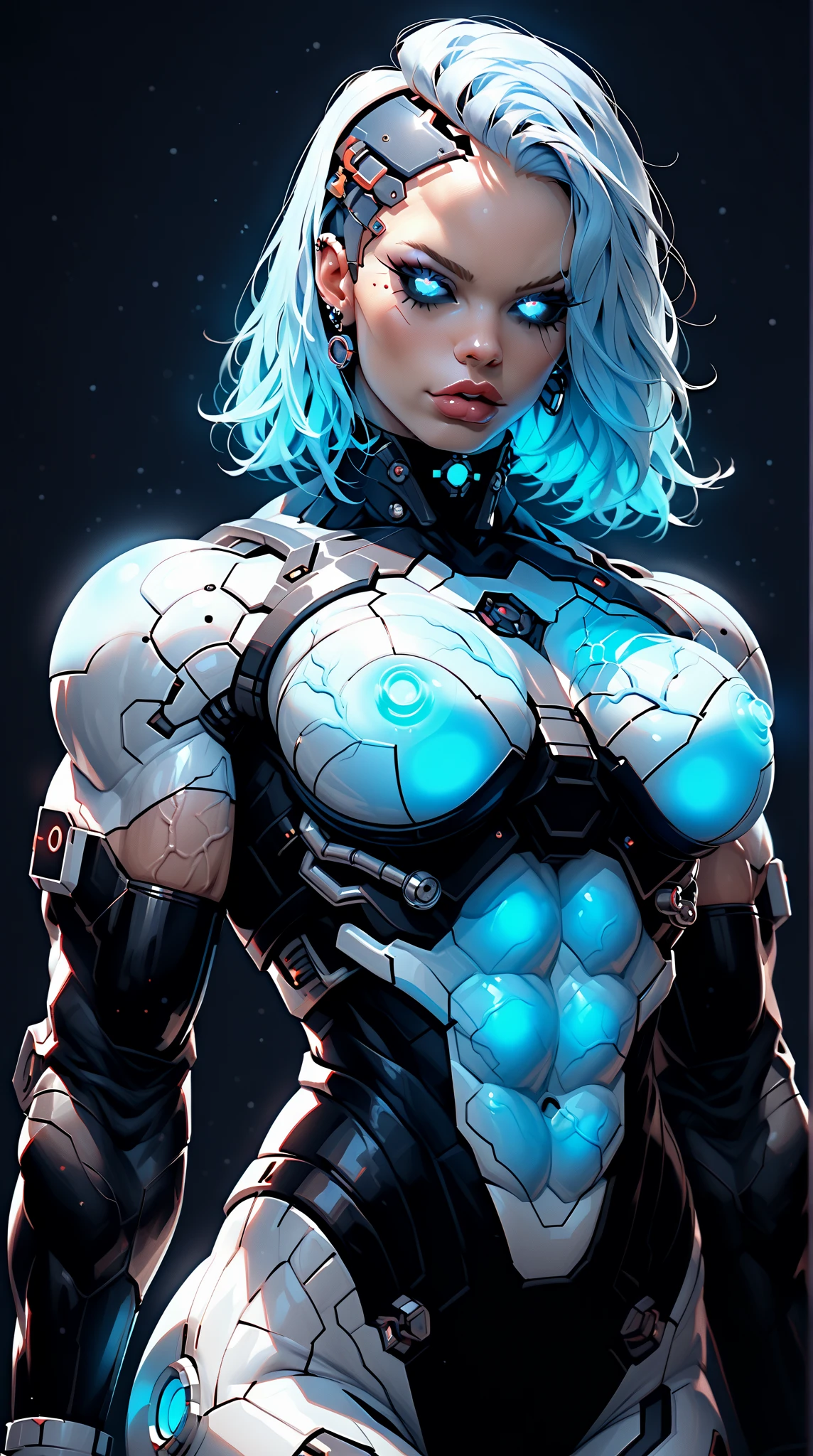 score_9, score_8_up, score_7_up,beautiful teenage muscular goth cyborg girl, nude, (black sclera:1.5), (blue glowing eyes:1.5), (blue glowing body veins:1.5),(((muscular bodybuilder physique:1.75))), ((((extreme muscular hypertrophy:1.5)))), (flat muscular pecs:1.5), (Cyborg exosuit:1.5), ((skinny thin legs:0.75), (blue glowing hair:1.25),(beautiful face:1.25), bimbo lips, blank background, gothic neon style, cyber punk style, zPDXLxxx, zPDXL3, zPDXLrl