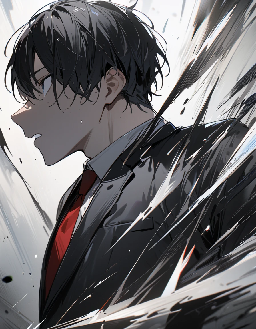 masterpiece,  best quality:1.2)、male、student、 shorthair 、 black hair、Calm Eyes、Black school uniform, black blazer、 red tie、Black trousers、 full body、profile、panic、 side view