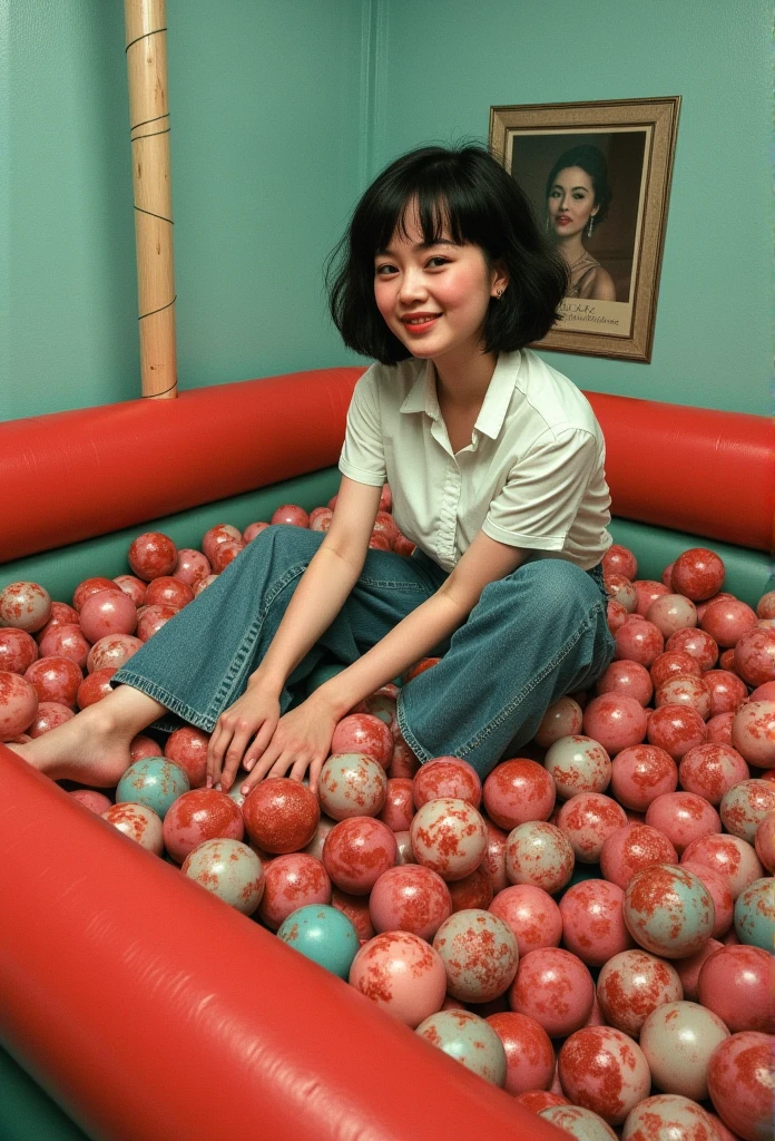 ((A surreal and eerie illustration of a woman playing in a ball pit, but instead of colorful plastic balls, the pit is filled with real men's testicles. The woman, dressed casually, appears cheerful and unaware of the unsettling nature of her surroundings. The lighting is soft but slightly dim, with a subtle horror vibe. The background features a neutral, minimalist setting to emphasize the surreal and uncanny details of the ball pit.