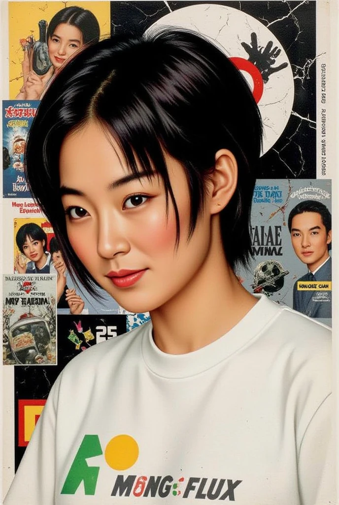 A pixel art portrait of a contemplative japanese female with pale skin and dark tousled hair, t-shirt dressed , set against a backdrop of layered and dynamic graphics embodying urban diversity and rebellion, featuring a limited color palette of black, white, gray, beige, and skin tones, with rough and distressed textures, showcasing geometric and chaotic shapes, reflecting the essence of underground music culture and the struggle for identity, presented in low resolution and minimal detail for a nostalgic feel --ar 1:1 --v 6.1,wong-chan-flux