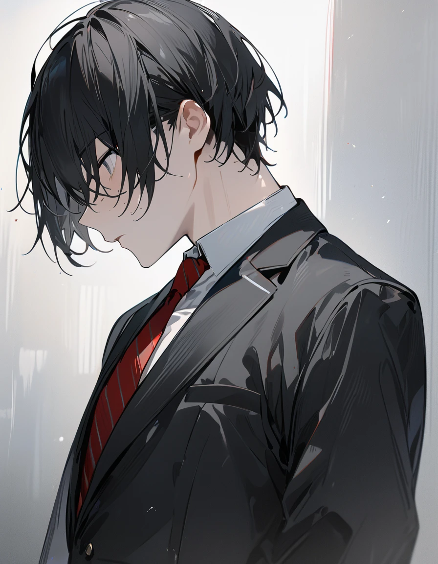 masterpiece,  best quality:1.2)、male、student、 shorthair 、 black hair、Calm Eyes、Black school uniform, black blazer、 red tie、Black trousers、 full body、profile、Anxious expression、 side view