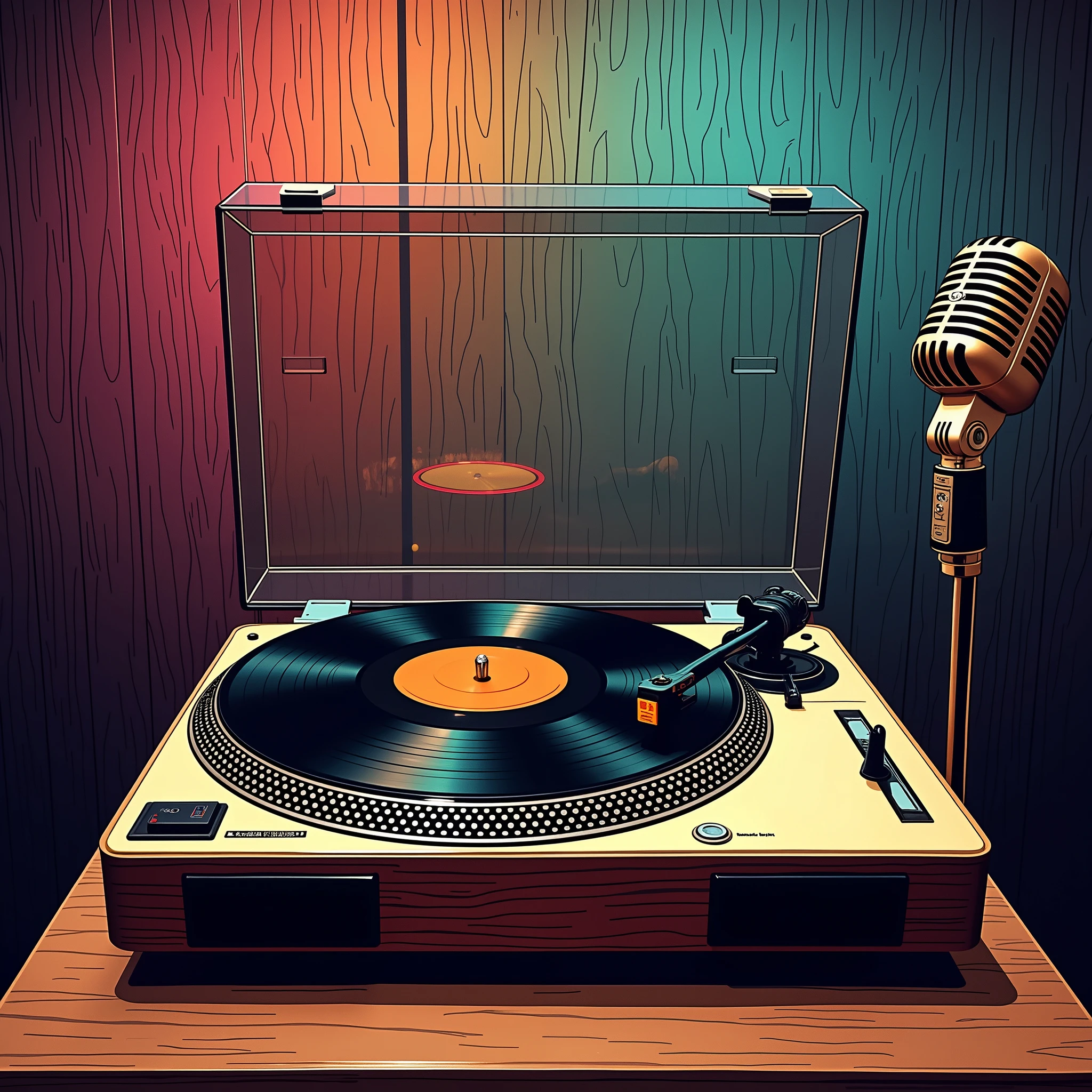 (masterpiece:1.2,Outstanding quality, best illustrations),8k,16k,wallpaper,Vintage Record Player, turntable with record player and microphone,1950s,1960s, Vector Art , Simple Design ,Simplified illustration ,The background is a hologram wood grain pattern