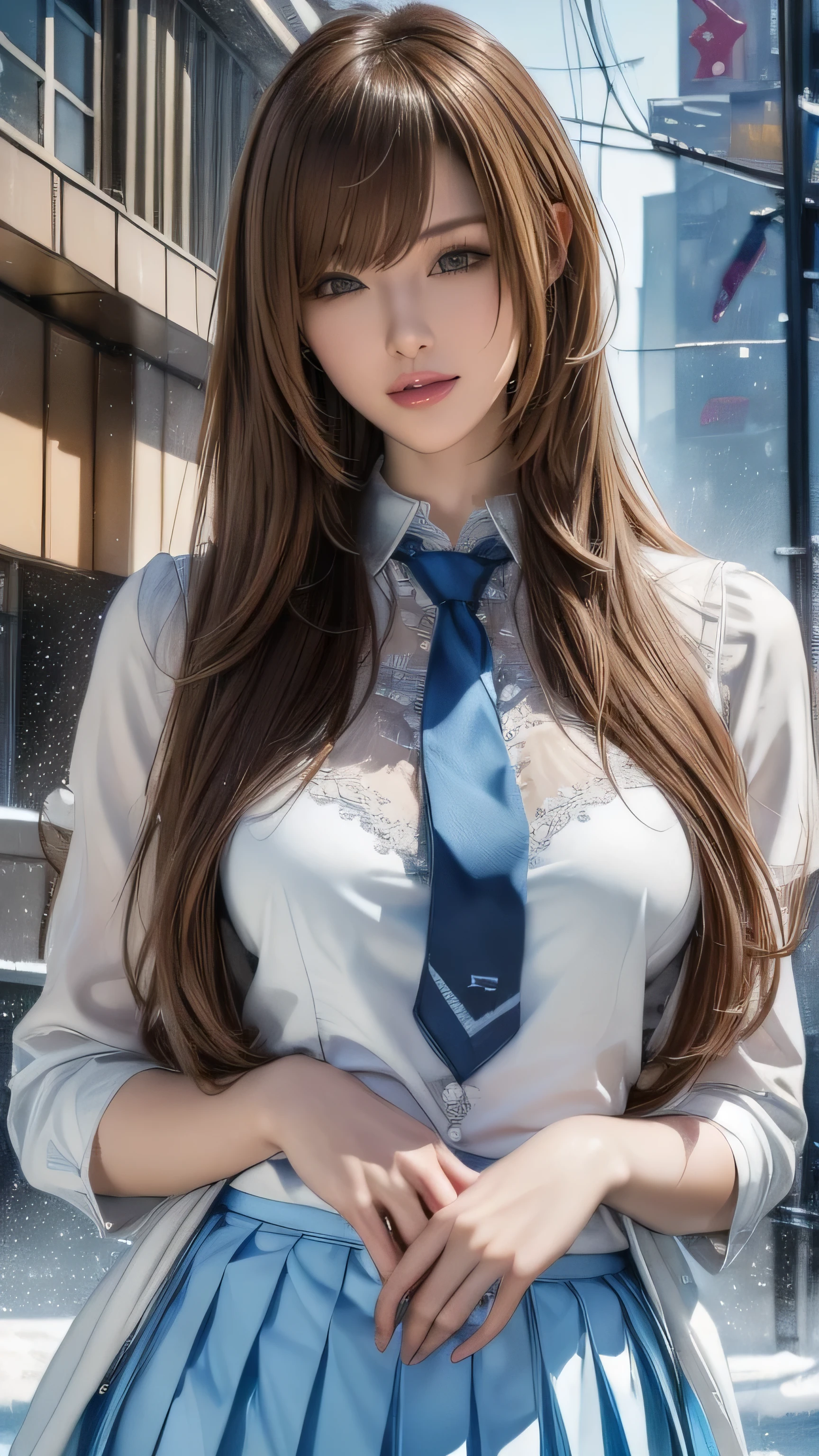 Araffe woman in a blue skirt and white shirt and blue tie - SeaArt AI