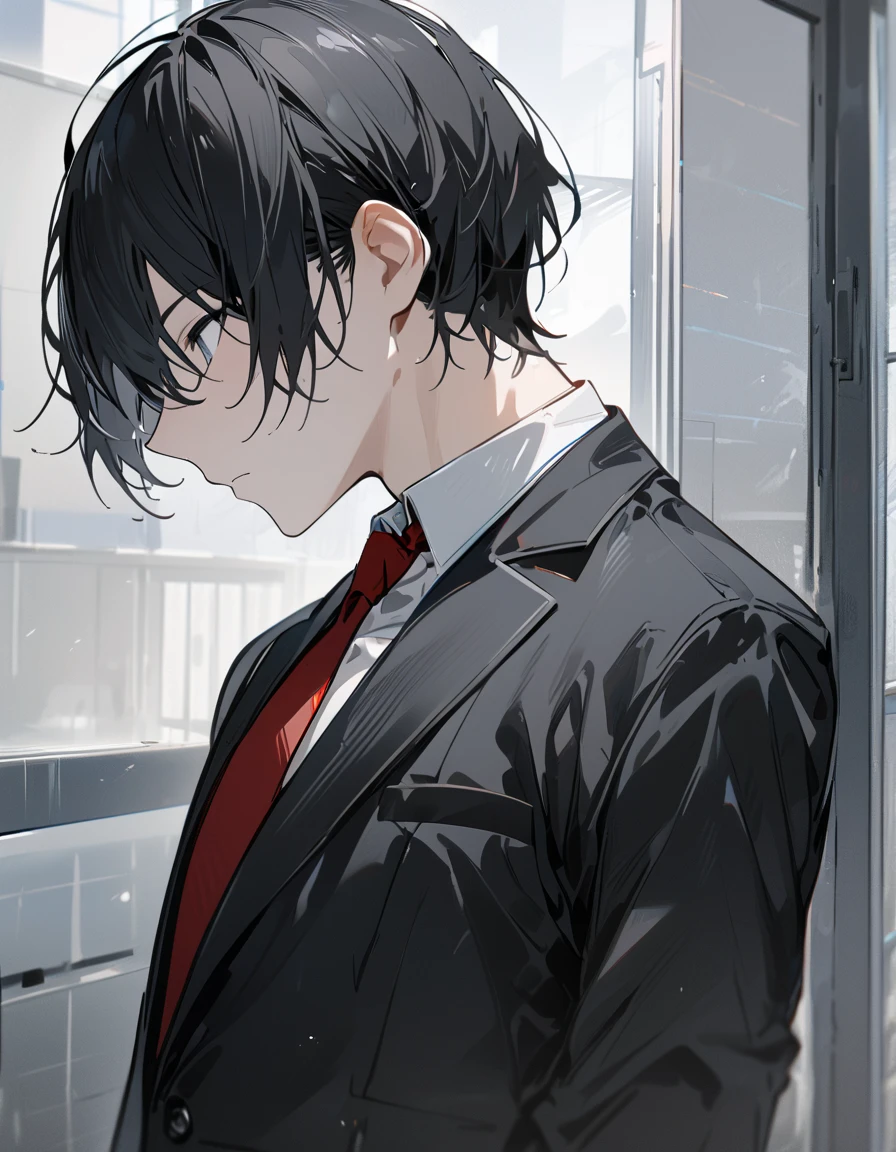 masterpiece,  best quality:1.2)、male、student、 shorthair 、 black hair、Calm Eyes、Black school uniform, black blazer、 red tie、Black trousers、 full body、profile、classroom、 side view