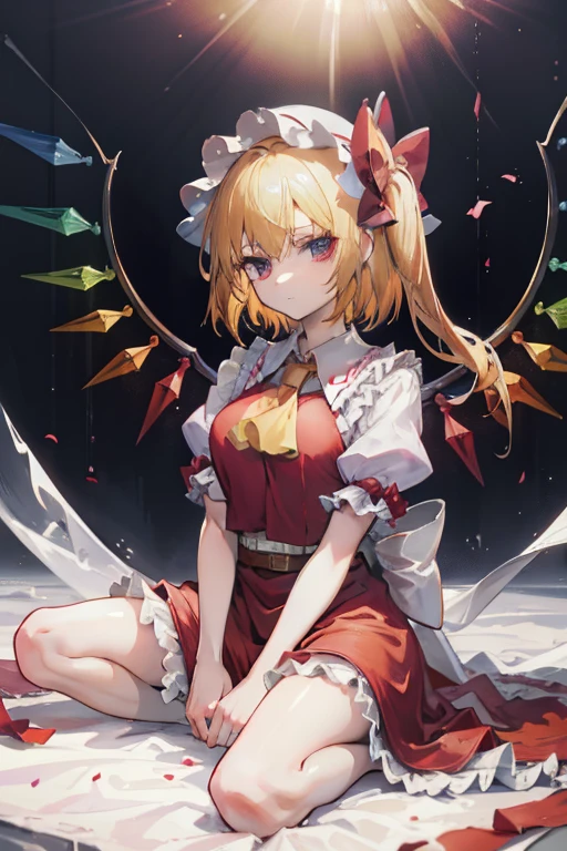 (masterpiece),best quality, expressive eyes, perfect face, 1girl,
big breast, H-cup, good breast, beautiful, gorgeous,anime,girl,lora, floating clothes, tent chest ,
hands on waist, hands on hips, visible  though clothes,flandre scarlet,
1girl,blonde hair,mob cap,hair bow,bowtie,side ponytail,wings,short sleeves,vest,ascot,1wings,1 pair of wings