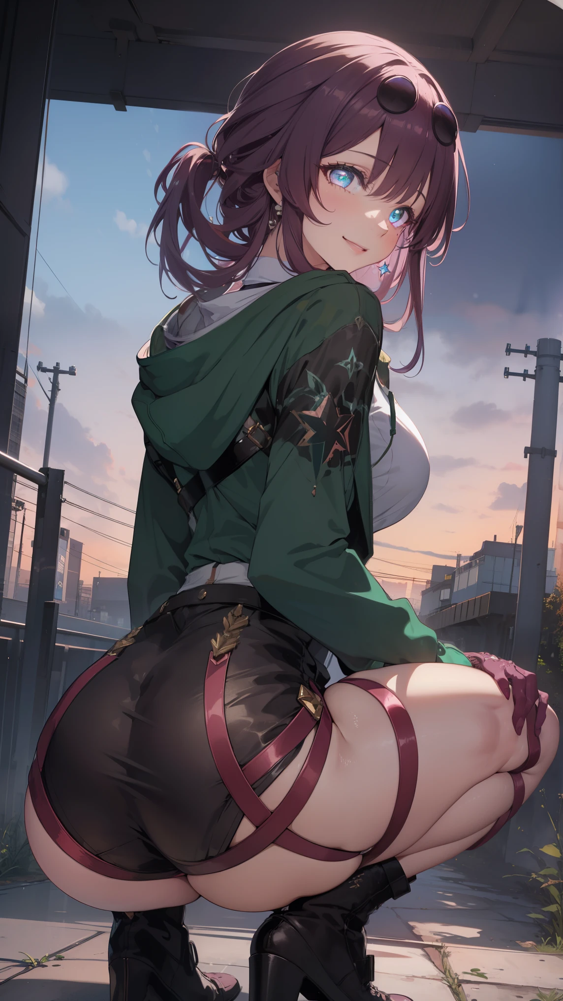 (1girl, solo, kafka, honkai star rail, mommy smile, sexy, purple hair, sharp face,purple eyes,dynamic angle),
BREAK ((green hoodie:1.2)),
BREAK showing off her big ass, lit from behind, bending over, thicc, beautiful anime girl squatting, seductive anime girl, teasing smile, (nsfw), 👀 :8,
BREAK (masterpiece:1.2), best quality, high resolution, unity 8k wallpaper, (illustration:0.8), (beautiful detailed eyes:1.6), extremely detailed face, perfect lighting, extremely detailed CG, (perfect hands, perfect anatomy),