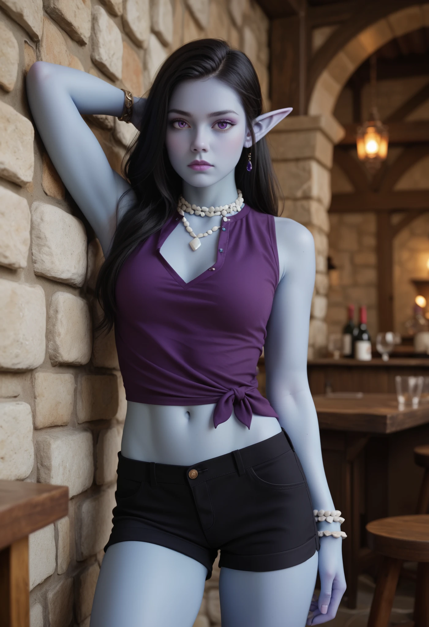 Dark Elf woman with white hair, in white bra, and white high cut panties, purple lipstick, anime art style, intricate details