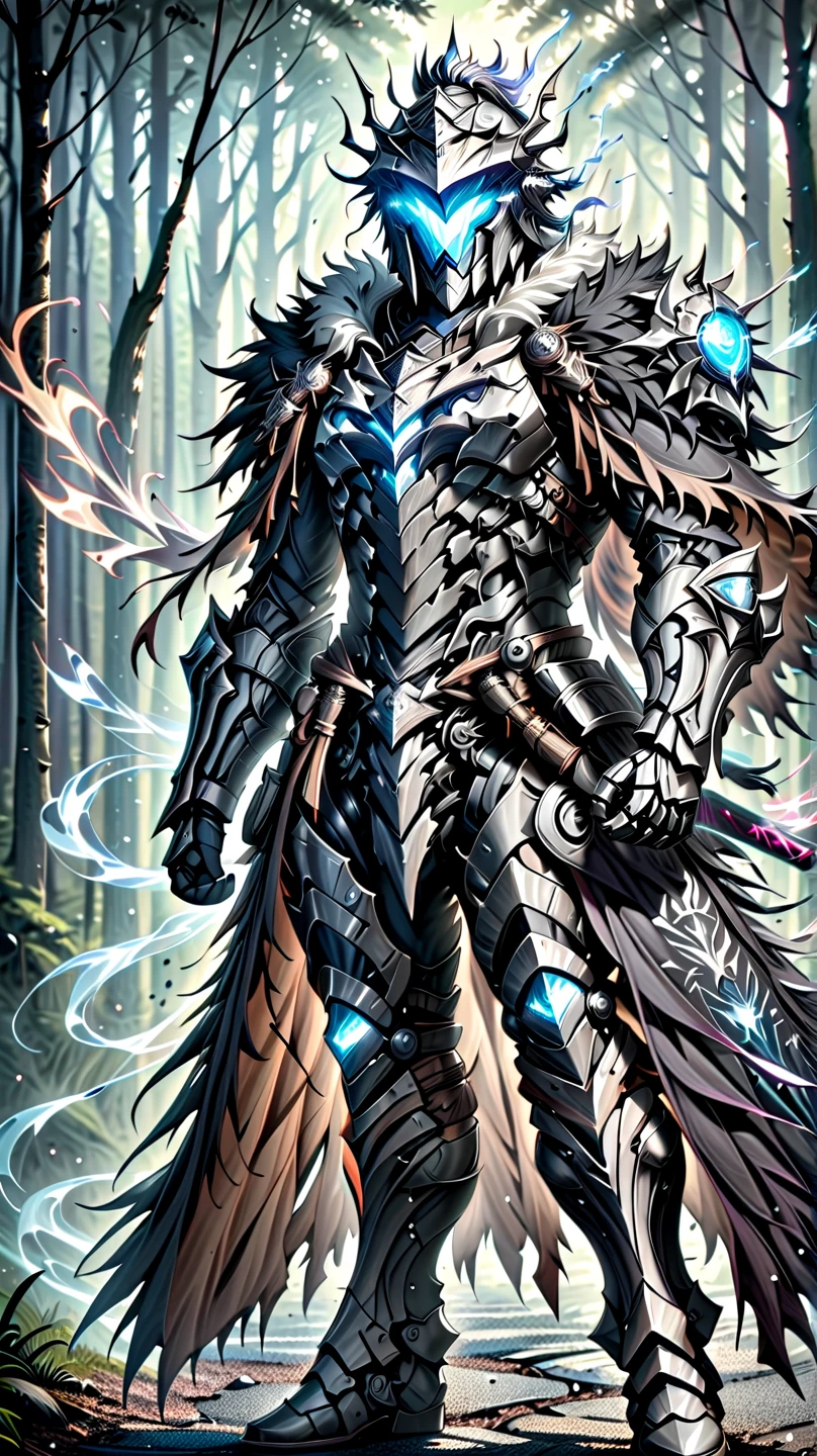 man,  Fairy Slayer  , Paladin,Wear heavy armor (platinum),helmet,karate,cloak,Fur collar ,Forest light on black fur cape . background,On the Road, Full body photo , man,   Very detailed,  high detail