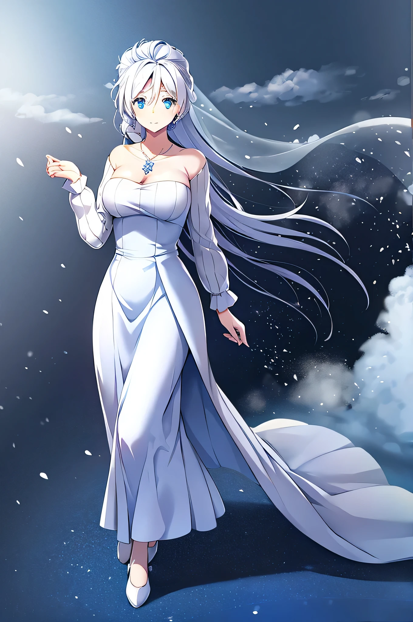 Mature older bride, Marriage, wedding dress, blue eyes, snowy background, flat as a board chest, AAA-cup brest size