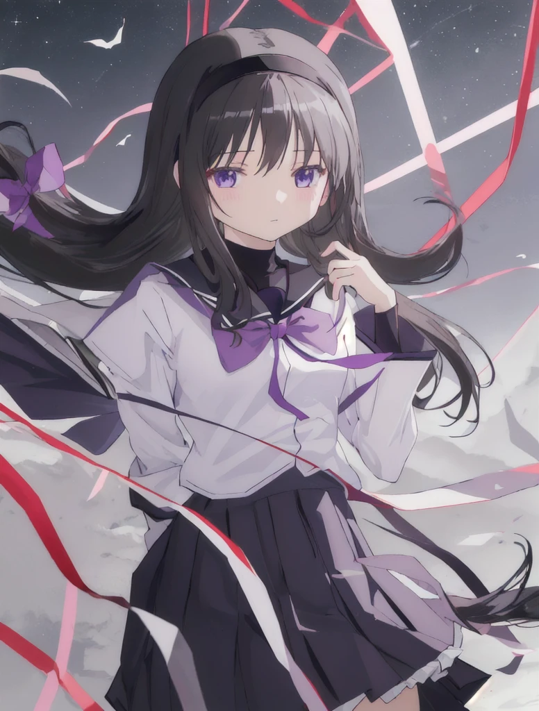  best quality, masterpiece,  high definition , Alone, {Akemi_Homura_魔法少女まどか☆マギカ:1.15}, black_hair, length_hair, hairband,  purple _eye, , 1人of女of子, bow, Mitakihara_School_uniform, School_uniform, head_outside_of_Frame