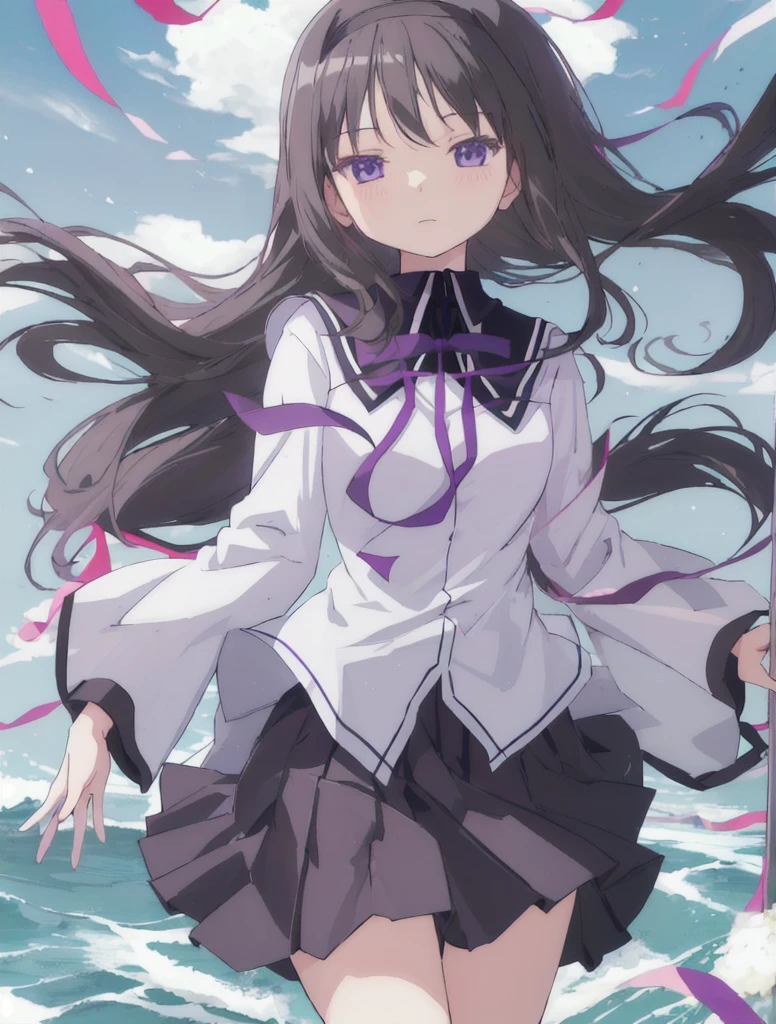  best quality, masterpiece,  high definition , Alone, {Akemi_Homura_魔法少女まどか☆マギカ:1.15}, black_hair, length_hair, hairband,  purple _eye, , 1人of女of子, bow, Mitakihara_School_uniform, School_uniform, head_outside_of_Frame