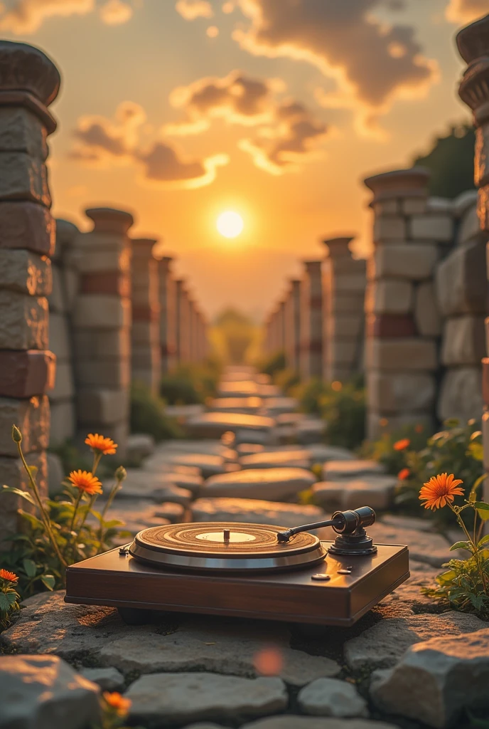 building_ruins,Vintage Record Player，A flower，sunrise， Ultra HD, masterpiece ,  height detail ,  high quality ,  is of the best quality, HD Symbol 