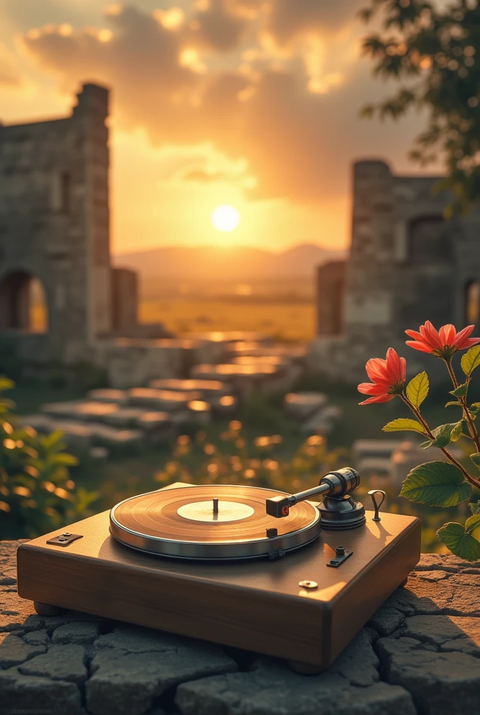 building_ruins,Vintage Record Player，A flower，sunrise， Ultra HD, masterpiece ,  height detail ,  high quality ,  is of the best quality, HD Symbol 