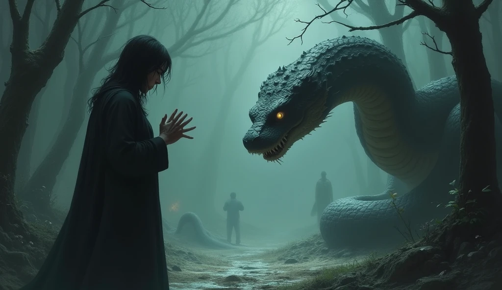 Reptilian in the cemetery wearing a black cloak and smoking a cigar, he is blowing smoke through his nose at a man who is bending over him.