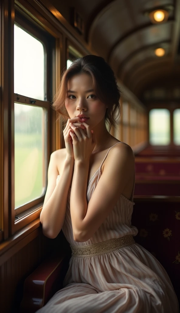 Gracefully adorned, an enchanting lady captivates on a moving train, her allure enhanced by the rhythmic journey as she becomes a fleeting muse in the passing landscapes
