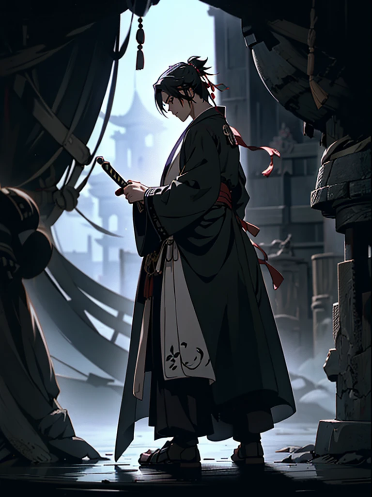 man, Handsome, swordsman, Chinese fairy, black robe, Footstep dark clouds, anime, Gothic art, drop shadow, high quality