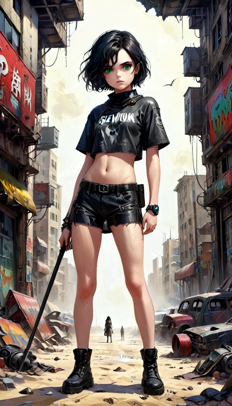 plano general, whole body,A post-apocalyptic warrior, anatomically correct:1.4,A (severus snape's daughter:(()))short hair, flowing black hair.green eyes,  almost naked in the Simon Bisley style for the cover of Heavy Metal magazine, red leather top, half black half white, minimal clothing, Short clothes, detailed face and body, dramatic lighting, vibrant colors, dystopian, sandy, cinematographic, Masterpiece, hyper detailed, ultra realistic, 8k, Very detailed