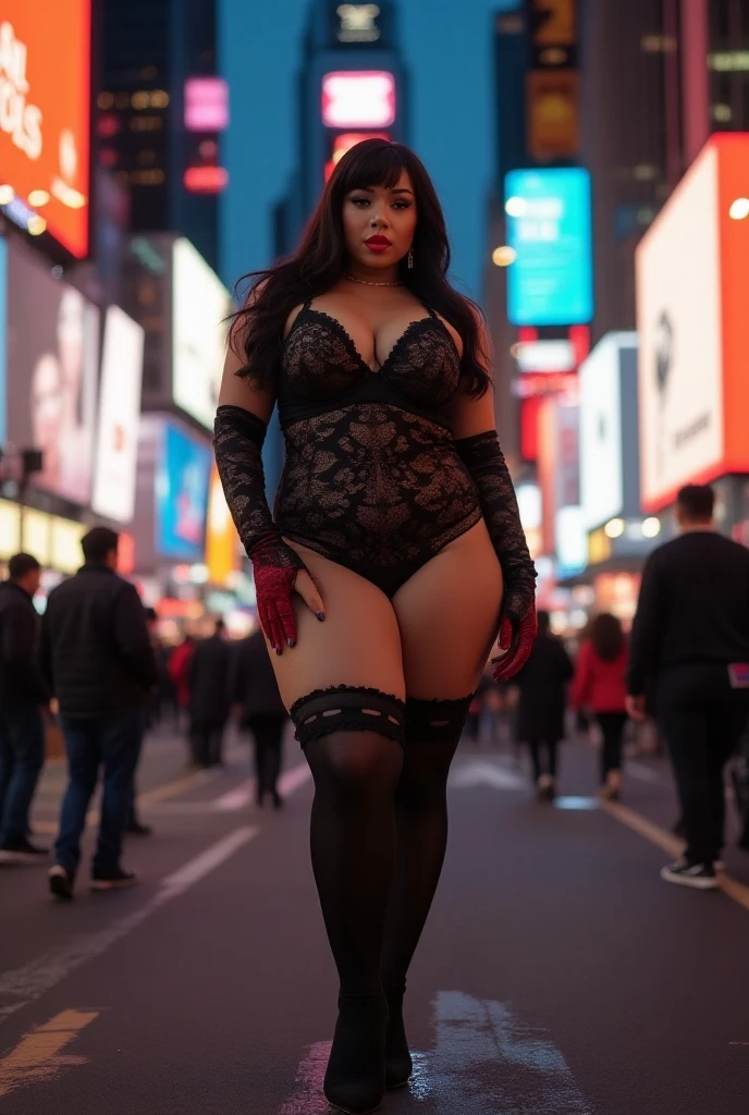 woman, purple hair, lipstick in a bright red shade, wearing a black overcoat covering the body e pink fishnet jumpsuit, black bra, black panties, with his hands on the collar of his coat, on a busy street in a big city ((bimbostyle))
