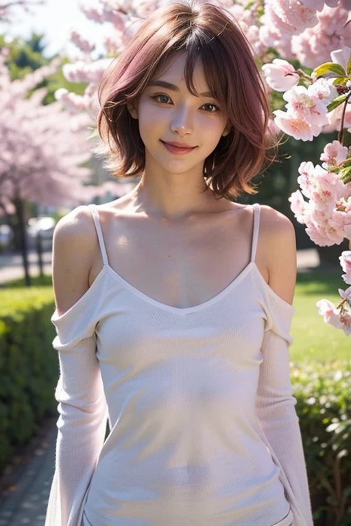 1girl, realistic, (looking at viewer:1), thighs, bare legs, dappled sunlight, best quality, ultra high res, (photorealistic:1.4), short hair, pink hair, jewelry, cherry blossoms, (smile:1), bare_shoulders, hair_ornament, purple_eyes,  detached_sleeves, detailed eyes,, (light smile:1), , (small breasts:1.4), , (bare upper body:1.4), , (puffy nipples:1),, arms behind back,