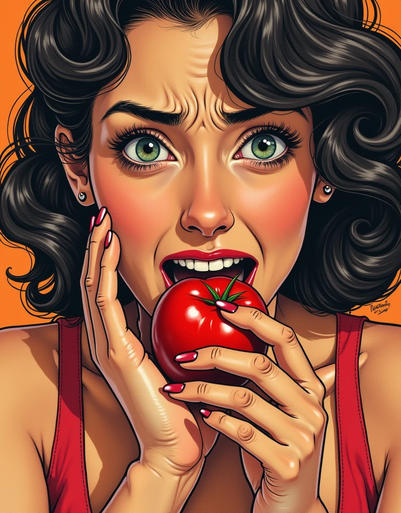 a woman (EVA) eating a Apple, with a Snake in the background im Paradies