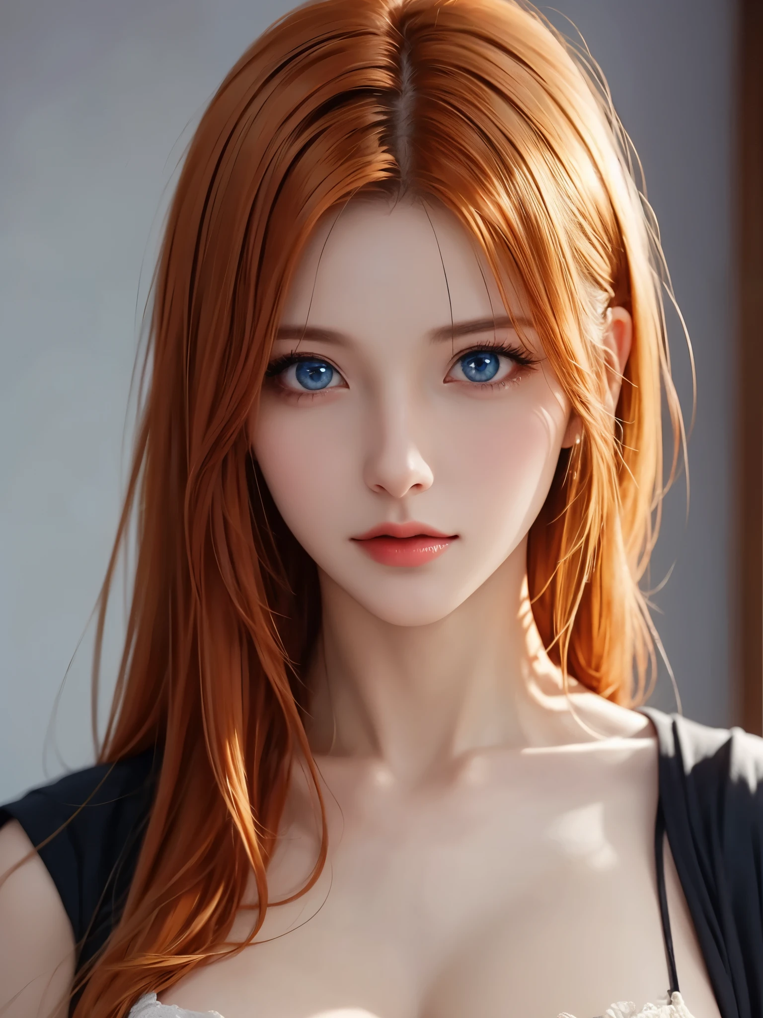  portrait、Realistic、 elegant mature woman、 blue eyes、 Orange Hair {x} Shinier Than One Piece、 straight hair、4K resolution、 High Quality CG、Beautiful CG、Soft light、 camisole 、bedroom、Beautiful breasts