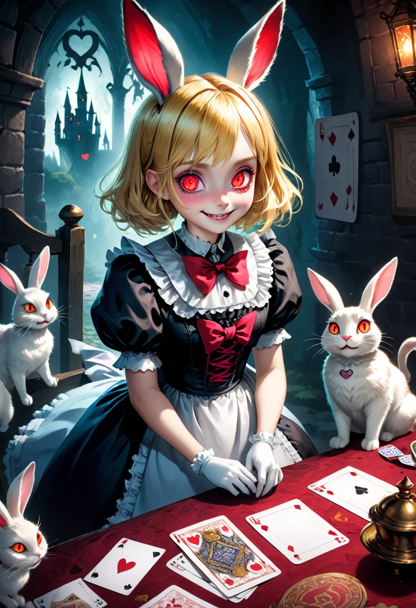  A painting of Alice with a smiling cat and rabbit,  from Alice in Wonderland . ， depth of fields, amazing,（（ Super detailed ））, complex details , high resolution,（ Watch the audience：1.1）, Extremely wide shot,photo, is of the best quality, high resolution),( Detailed Textures ),(Fun and whimsical ),**** girl, Unforgettable Evil  ,  Exquisite Maid Outfit with Intricate Lace,  Glowing Demon Eyes , Vibrant Short Blonde Hair ,  Background ,  A noble and eerie animal ,  Warm Undertones ,  Increased Saturation ,  Ghostly Presence , A dark and depressing atmosphere ,  game、castle、Blood light、 light and shadow tones 、 Playing Cards、 The Dark Realm of the Red Heart 。