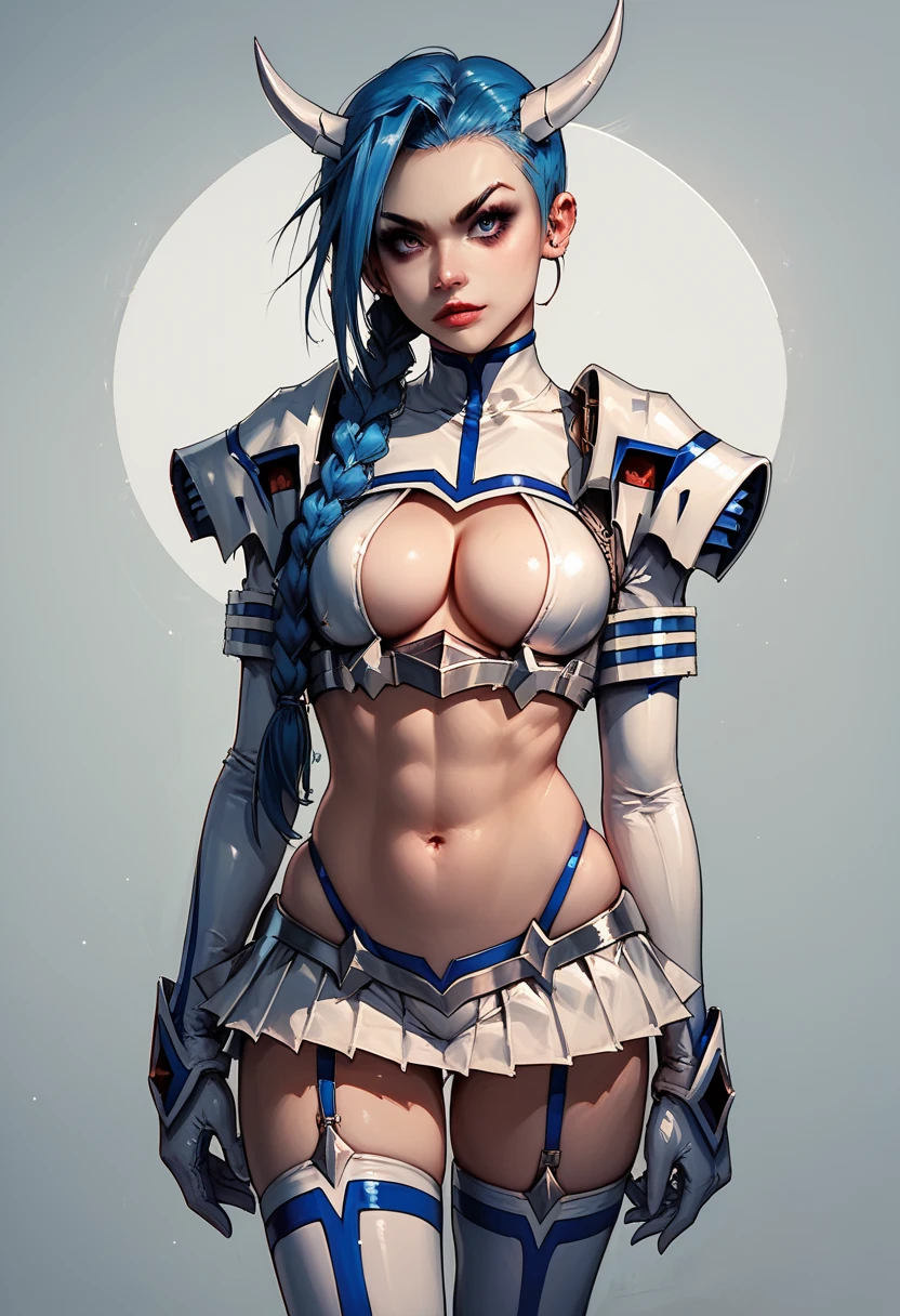 Jinx,blue hair,braid,undercut,highres,top quakity,kiryuuin satsuki \(cosplay\), armor, center opening, cleavage cutout, clothing cutout, elbow gloves, garter straps, gloves, horn ornament, living clothes, microskirt, navel, midriff, pauldrons, revealing clothes, shoulder armor, stomach, thighhighs, white gloves, white thighhighs,