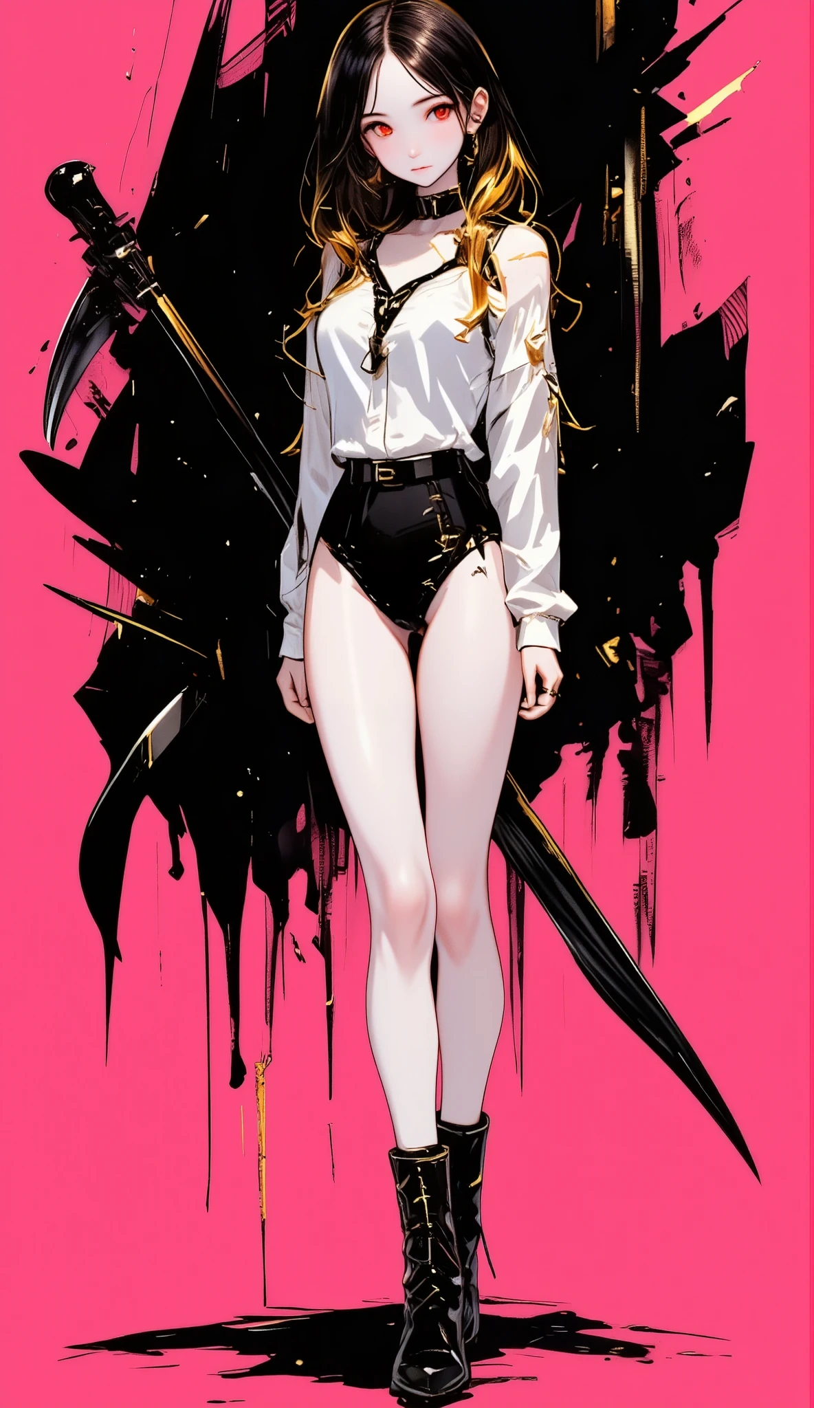 RAW photos from the last century 、Realistic、 best quality、masterpiece、 pink background . Black and white , Golden Striped Hair , super cute girl, red eyes, black boots, tsundere sister , ring , ((( black background:1.37))), anime art style , Detailed Illustrations , bright color , soft writing , focused gaze, edgy look , expressive face , Unique style , Eye-catching, 大きなSickleを持っている , grim Reaper'Sickle, detailed hair, Realistic shadows, 8k、 Slender body 、 smaller 、 Black Gothic Lingerie、 sideways、 standing 、