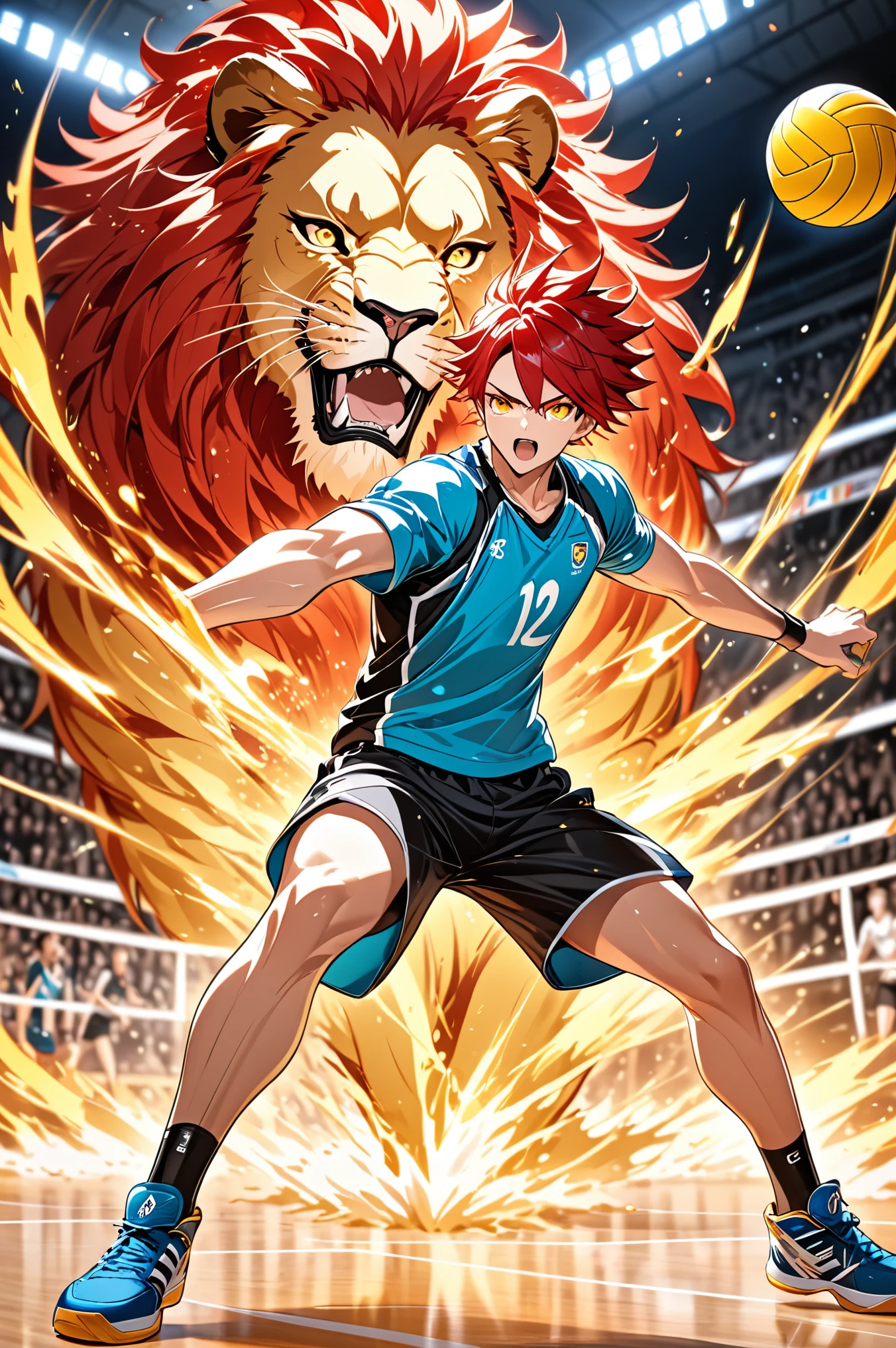  male volleyball player,  lion in the background  , Attack , anime boy , red hair , yellow eyes 