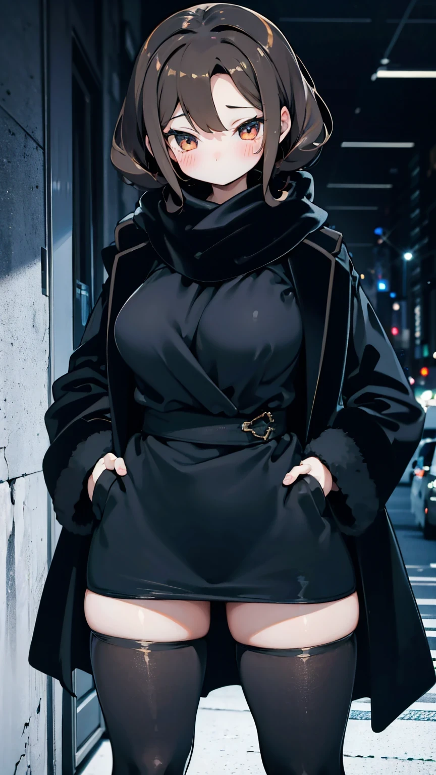 Coat，Loose Coat，oversizeBlack Coat，Girl， brown hair ，Brown Curly Hair Girl， urban street background ，blush，cute，Thin waist and wide hips，Fleshy thighs， black silk socks thighs，Black stockings，厚Coat，Black Coat，Black trench coat， Black Jacket，black winter jacket，scarf，scarf， black silk tights， black silk bottoms ，Sexy bottoms 