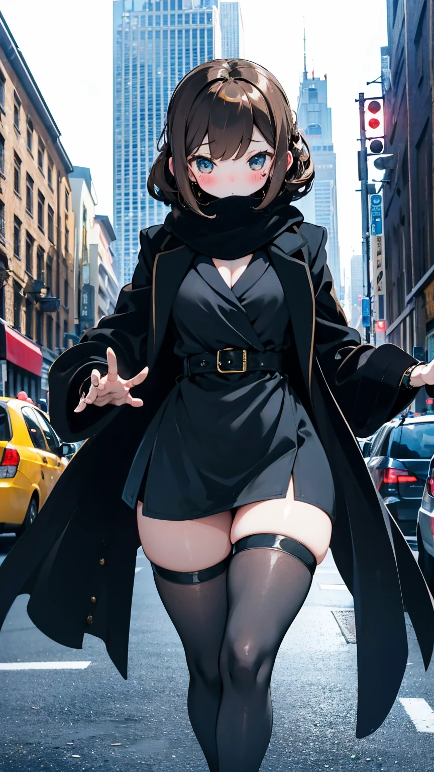 Coat，Loose Coat，oversizeBlack Coat，Girl， brown hair ，Brown Curly Hair Girl， urban street background ，blush，cute，Thin waist and wide hips，Fleshy thighs， black silk socks thighs，Black stockings，厚Coat，Black Coat，Black trench coat， Black Jacket，black winter jacket，scarf，scarf， black silk tights， black silk bottoms ，Sexy bottoms 