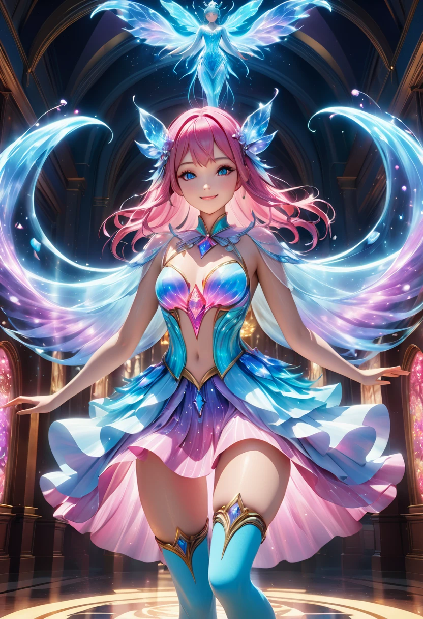 a beautiful virtual idol, 3d graphics, surreal, masterpiece, charming smile, thigh-high socks, thigh-high boots, dynamic pose, cinematic lighting, highly detailed, photorealistic, concept art, vibrant colors, digital life form, ethereal, magical, fantasy, elegant, graceful, in digital world,cowboy shot,face focus,depth of field