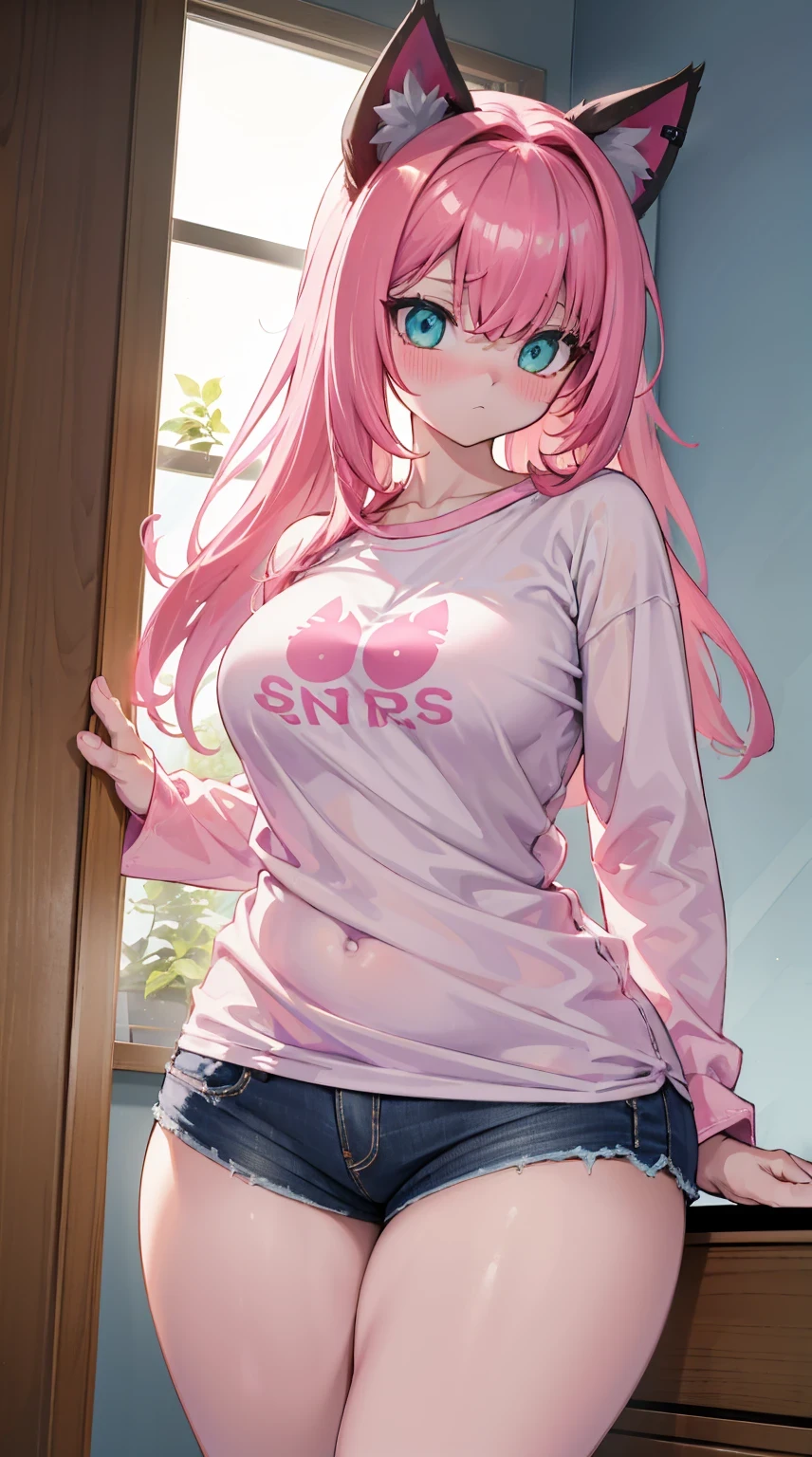 Big breasts girl,Cat Ear Girl,Pink Hair,Pink cattail,Pink cat ears,cute,Big breasts,Thin waist,Loose shirt,Translucent texture,Loose shirt,Loose shirt,Loose T-sleeve,Loose tops,Overly loose tops,Oversize tops,shorts,Fleshy thighs,Thick thighs,Meat Leg,Fat thighs,Fat buttocks,Wide crotch,Indoor background,Light and Shadow,Bedroom Background,Close-up from waist up,Panic expression,Panic expression,blush