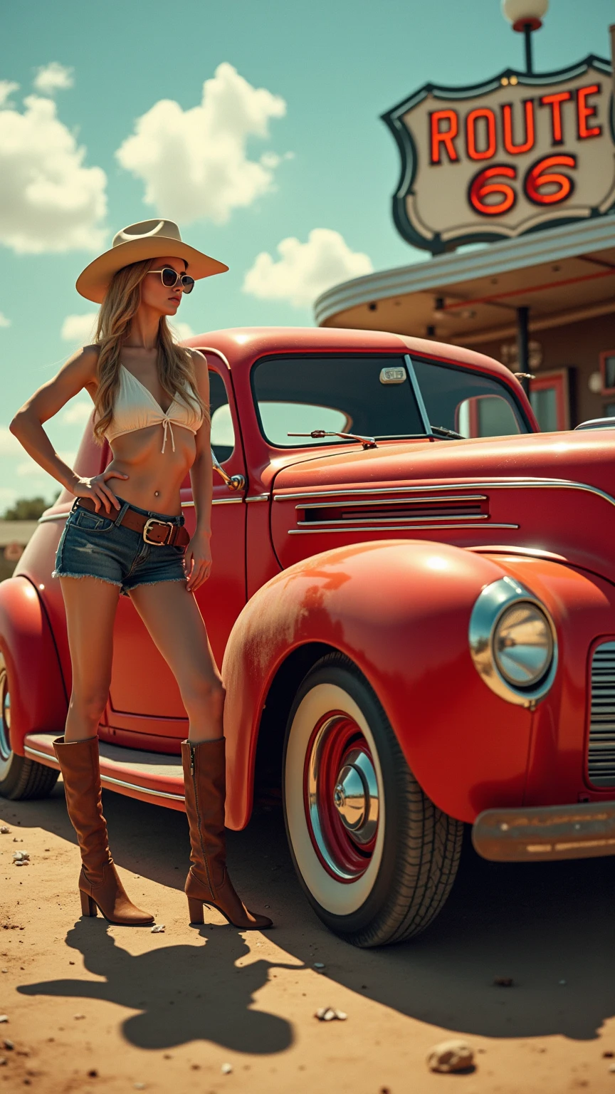 **Highest quality** **realistic photo image**, 1960s American art piece, **bright red RAT ROD car**, a **blonde female model** standing next to it, dressed in **vintage cowboy style**, outside a **vintage Route 66 diner**, with **strong sunlight** and **dust from the wilderness**. **Masterpiece**. poster/Magazine Illustration Effects, masterpiece, Ultra High Definition, cowboy shots, Poster/Magazine Illustration Effects,