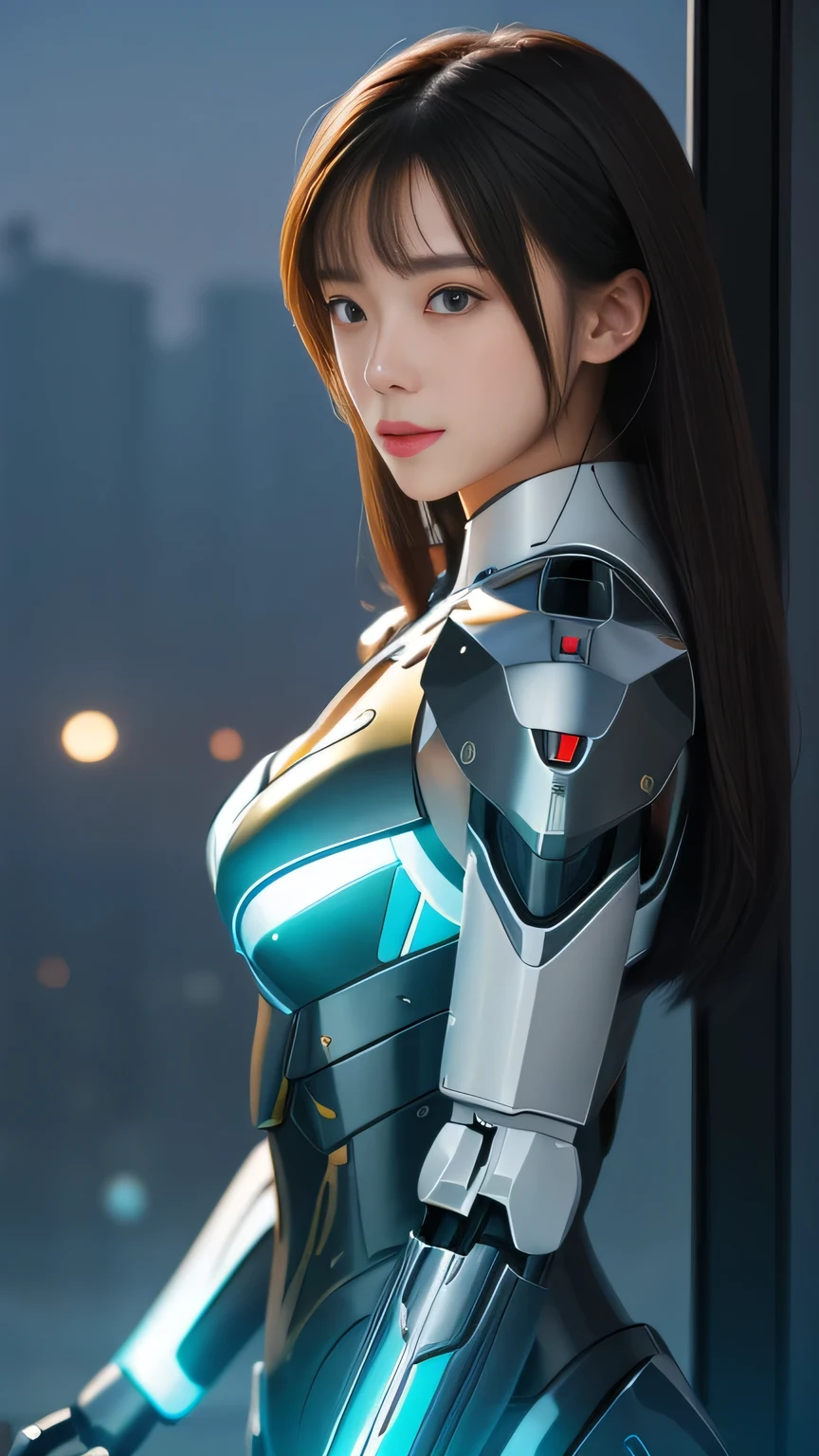 ((Highest quality)), ((masterpiece)), 8K quality, (detailed), High Resolution Skins:1.3, Realistic skin texture, full body, slim figure, (smile), close mouth, Natural Makeup, fluffy short hair, Messy Hair, Looking at Viewer, (Upper body from thighs up), sharp focus, Bust B cup, Beautiful eyes in every detail, realistic eyes and face details, depth of field, View from the front, black hair, green eyes, (A woman in a red robot suit poses in a spaceship with big window), (running towards me:1.2), (the Moon is visible from the spaceship window), Hair blowing in the wind, (The robot suit has LED indicators and meters), the mechanical parts and big robot are visible, woman has cybernetic enhancements, glowing neon lines, neon lights, Advanced technology, High-tech products, Beautiful half-Caucasian cyborg girl, cute Cyborg Girl, Beautiful Cyborg Girl, Perfect Robot Girl, Cyborg Girl, Young cyborg woman, beautiful Female Robot, Beautiful robot woman, Cyborg Girl, Perfect cyborg woman, Porcelain Cyborg, Female Robot, Beautiful Cyborg Images, (full body Mecha cyber armor), A female android combatant from the future, dramatic lighting, Color holographic projection, Reflective surface,