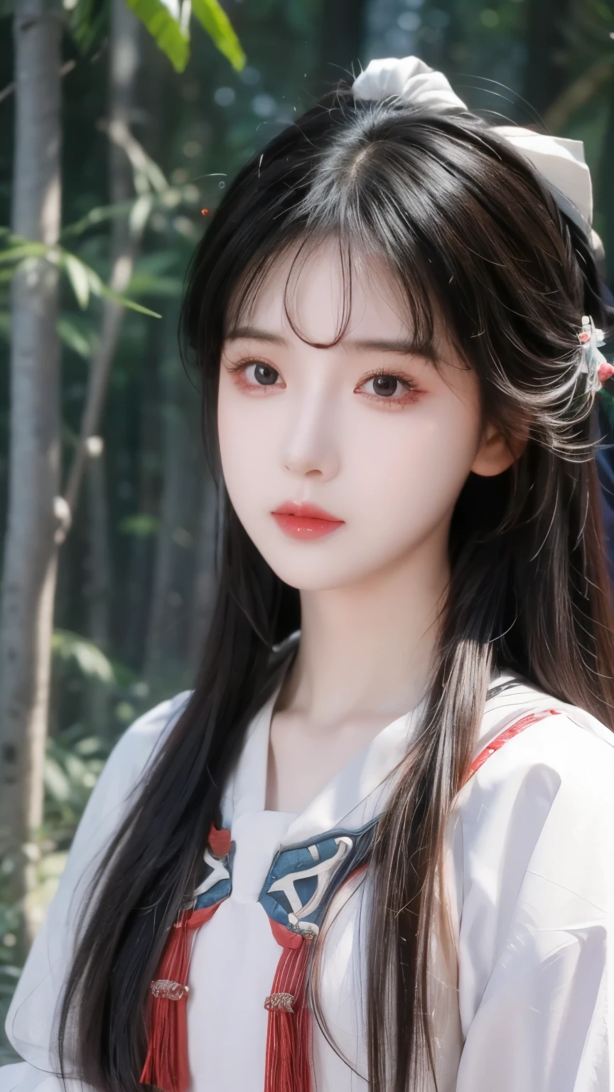 Medium field of view, Girls Focus, a girl , from outside the camera , exquisite and beautiful face , Dissonance, Mysterious Forest , high detail red eye , wind, wind吹拂着头发, 迎wind, high detailed hair , epic, masterpiece,( the best shade ),