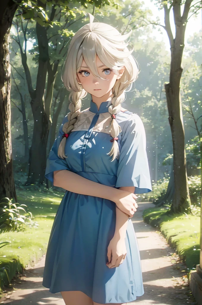 a girl wearing a dress in an outdoor forest is looking into the camera, 1girl, dress, solo, blonde hair, blue eyes, braid, short sleeves, blue dress, long hair, puffy sleeves, looking at viewer, twin braids, bangs, nature, puffy short sleeves, dappled sunlight, tree, outdoors, breasts