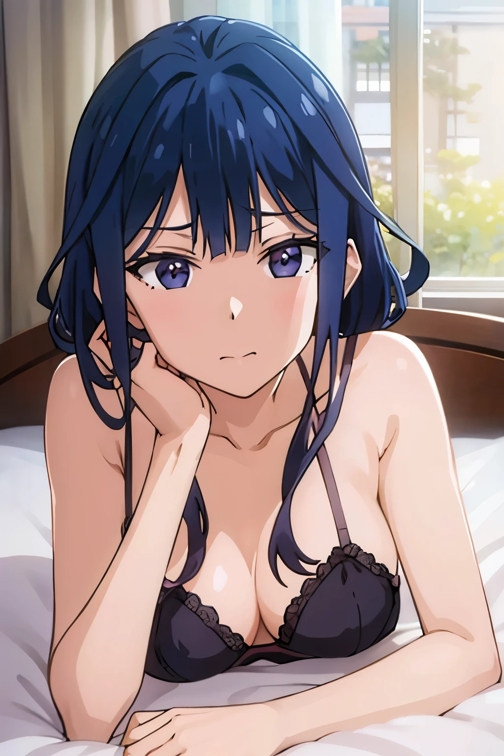 NJAkiV4, takeda hiromitsu style, anime cels style, best quality, blush, embarrassed,bedroom background, sexy pose, blue hair, long hair, black eyes, nijou aki, 1 girl, 20yo,Young female,Beautiful Finger,Beautiful long legs,Beautiful body, Beautiful Nose,Beautiful character design, perfect eyes, perfect face,expressive eyes, perfect balance, looking at viewer,(Focus on her face), official art,extremely detailed CG unity 8k wallpaper, perfect lighting,Colorful, Bright_Front_face_Lighting,White skin, (masterpiece:1.0),(best_quality:1.0), ultra high res,4K,ultra-detailed, photography, 8K, HDR, highres, absurdres:1.2, Kodak portra 400, film grain, blurry background, bokeh:1.2, lens flare, (vibrant_color:1.2),professional photograph, (Beautiful,medium_Breasts:1.4), (beautiful_face:1.5),(narrow_waist)