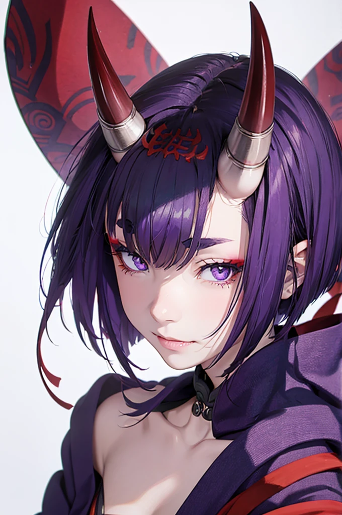 a demon with huge horns drawn onto anime picture  this picture is of a demon, 1girl, horns, shuten douji (fate), oni horns, solo, japanese clothes, feet, barefoot, foot focus, purple hair, kimono, soles, purple eyes, oni, toes, short hair, looking at viewer, smile, white background, sash, sitting, bangs, obi, skin-covered horns, short eyebrows