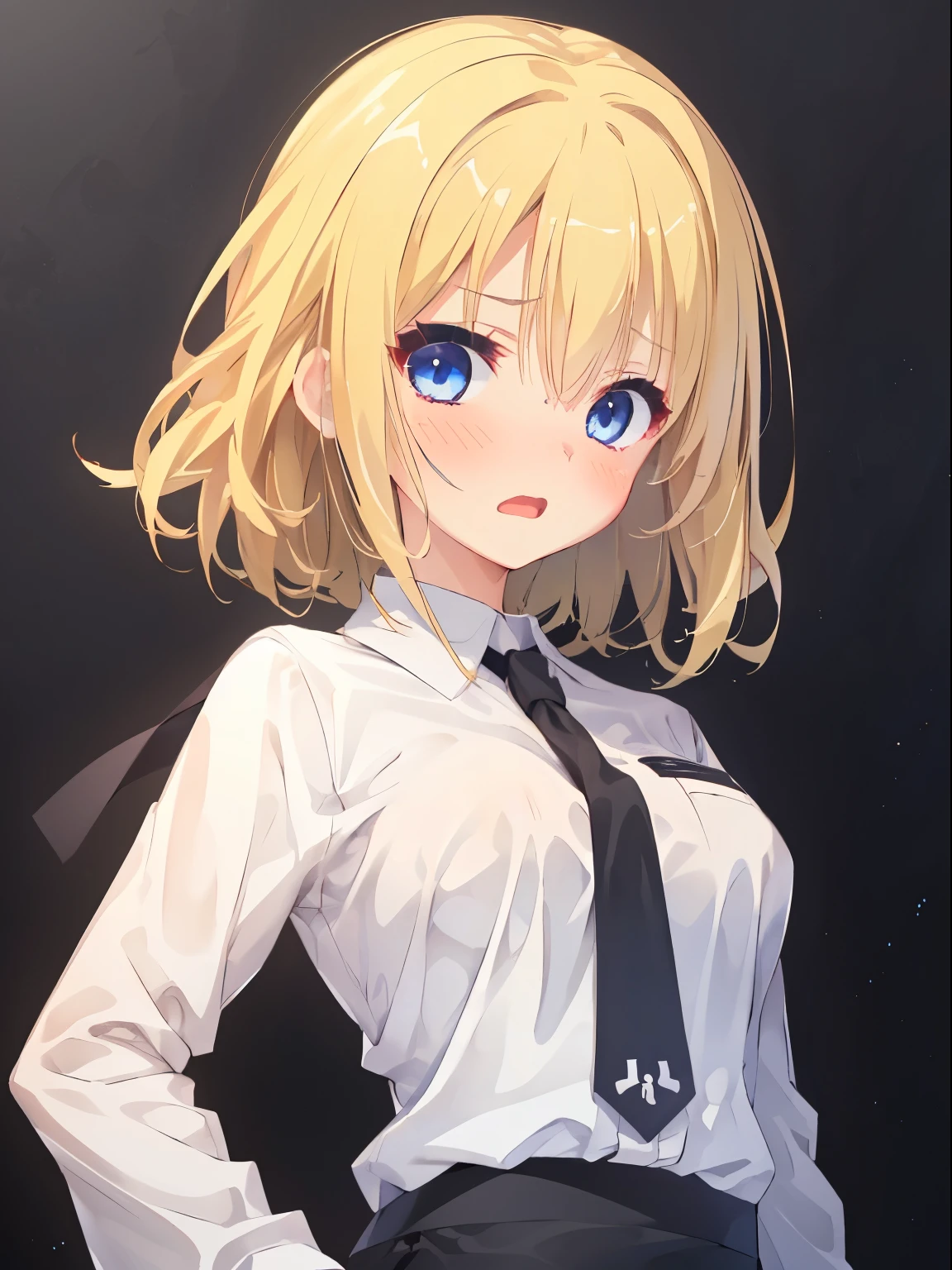 (surprised, blush, open mouth), Japan, 1 girl, upper body, (facing viewer, looking viewer), standing straight, (blue eyes, (blonde hair), (wavy hair:0.65), medium hair, medium breast), ((white shirt, black necktie, black pencil skirt)), (gray background), Sharp Focus, (Best Quality, masterpiece, detailed, facial focus)