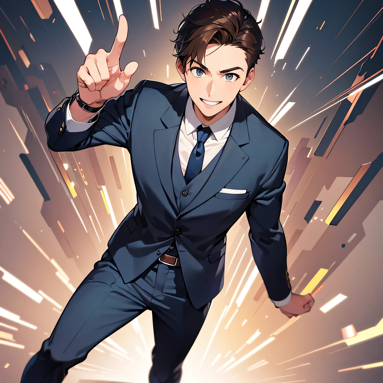 Best picture quality, highest quality, 1080p, 8K, masterpiece, first class, perfect face, attention to detail, ((one man)), ((30 years old)), full body, frontal pose, gentleman, cartoon style, left arm raised directly across, pointing to the front, short dark brown hair, straight hair, dark blue recruitment suit, dark blue trousers, grey tie, watch on left wrist. Open-mouthed face, (round chin), (happy smile).