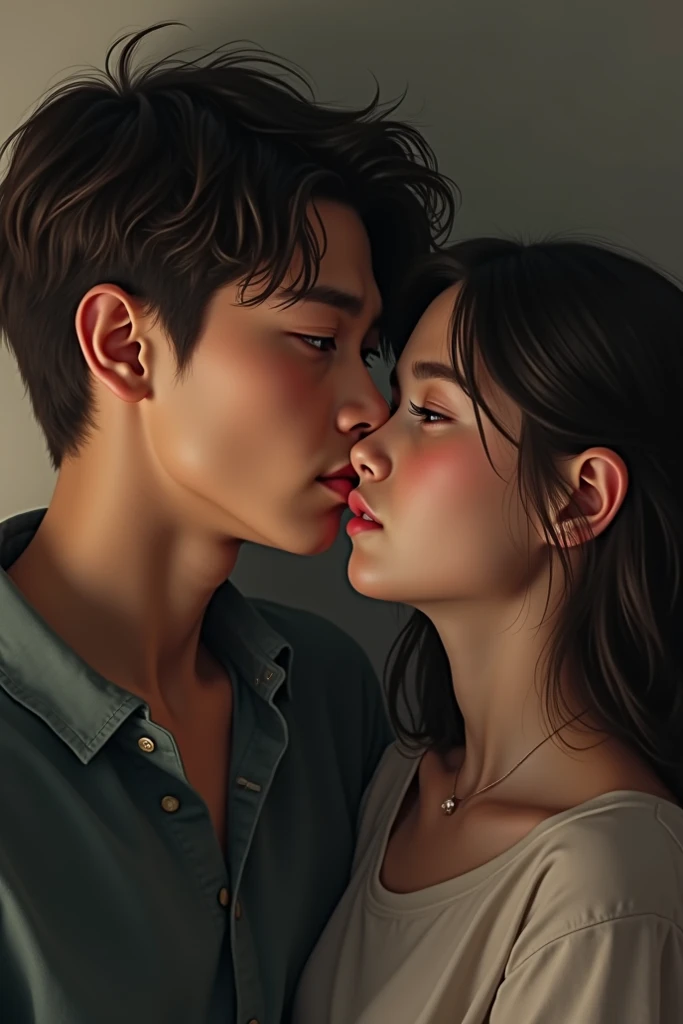 Create an image of a Korean couple giving a kiss on the cheek --auto