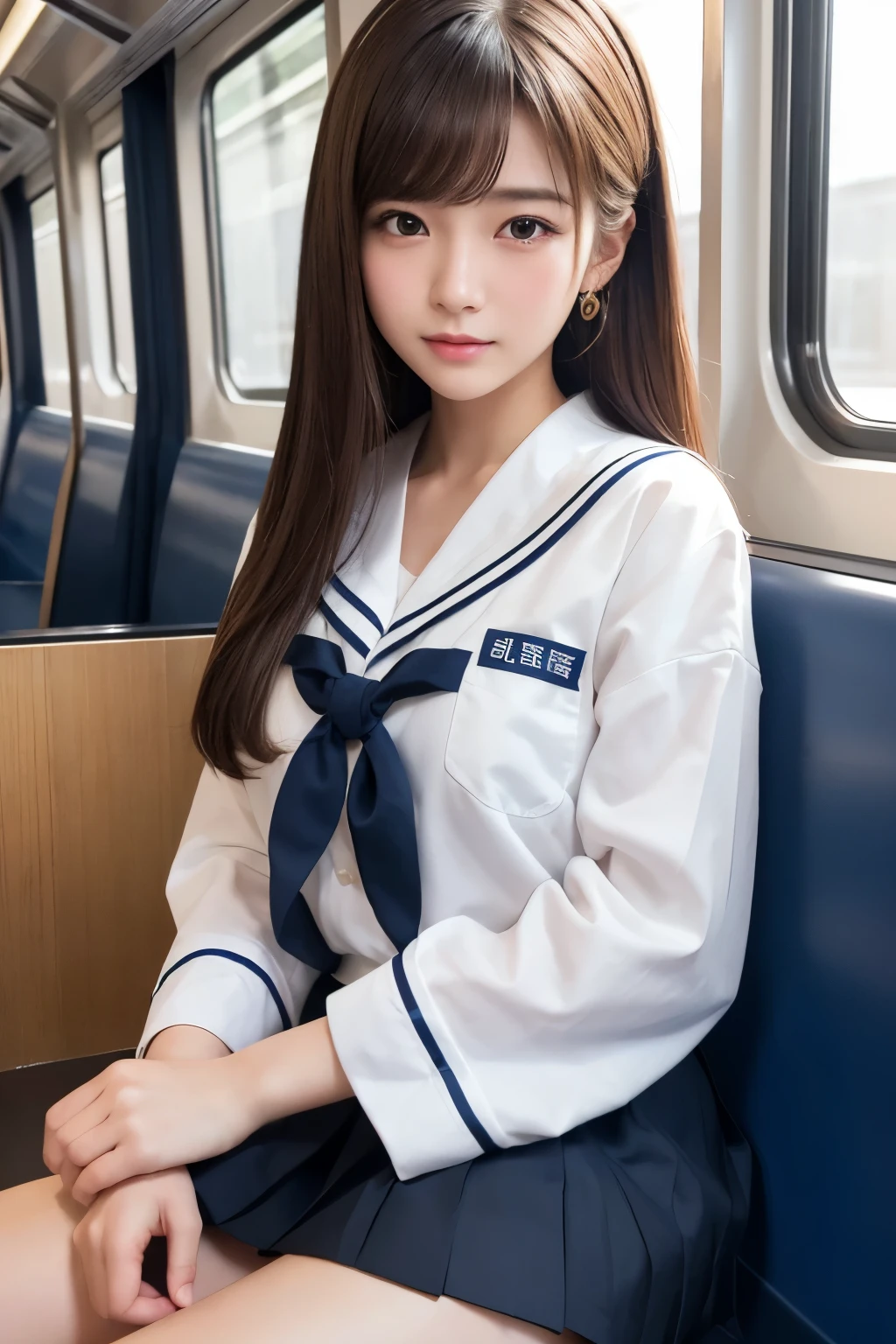 High angle shot, centered view, arafed asian woman in a short skirt and bow tie sitting on a train, cute schoolgirl,  girl school uniform, wearing sailor school uniform, sailor  school uniform, a hyperrealistic , dressed as , hyperrealistic , wearing school uniform, realistic , girl wearing uniform, wearing a school uniform, of a  posing, full body, nice skin, glowing skin, nice thighs, glowing thigh, glowing legs, barefoot