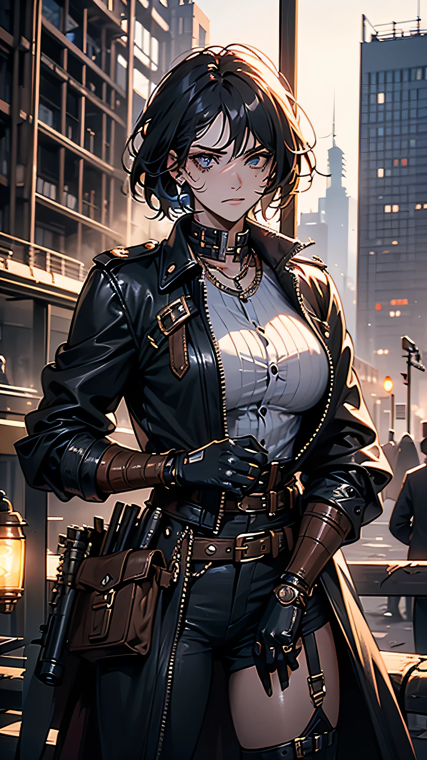 dirty female elf mechanic, 1girl, (solo:1.5), full body shot, busty boobs, wearing only an overall, black hair, yellow eyes , muscular arms, glasses, hair in a messy bun